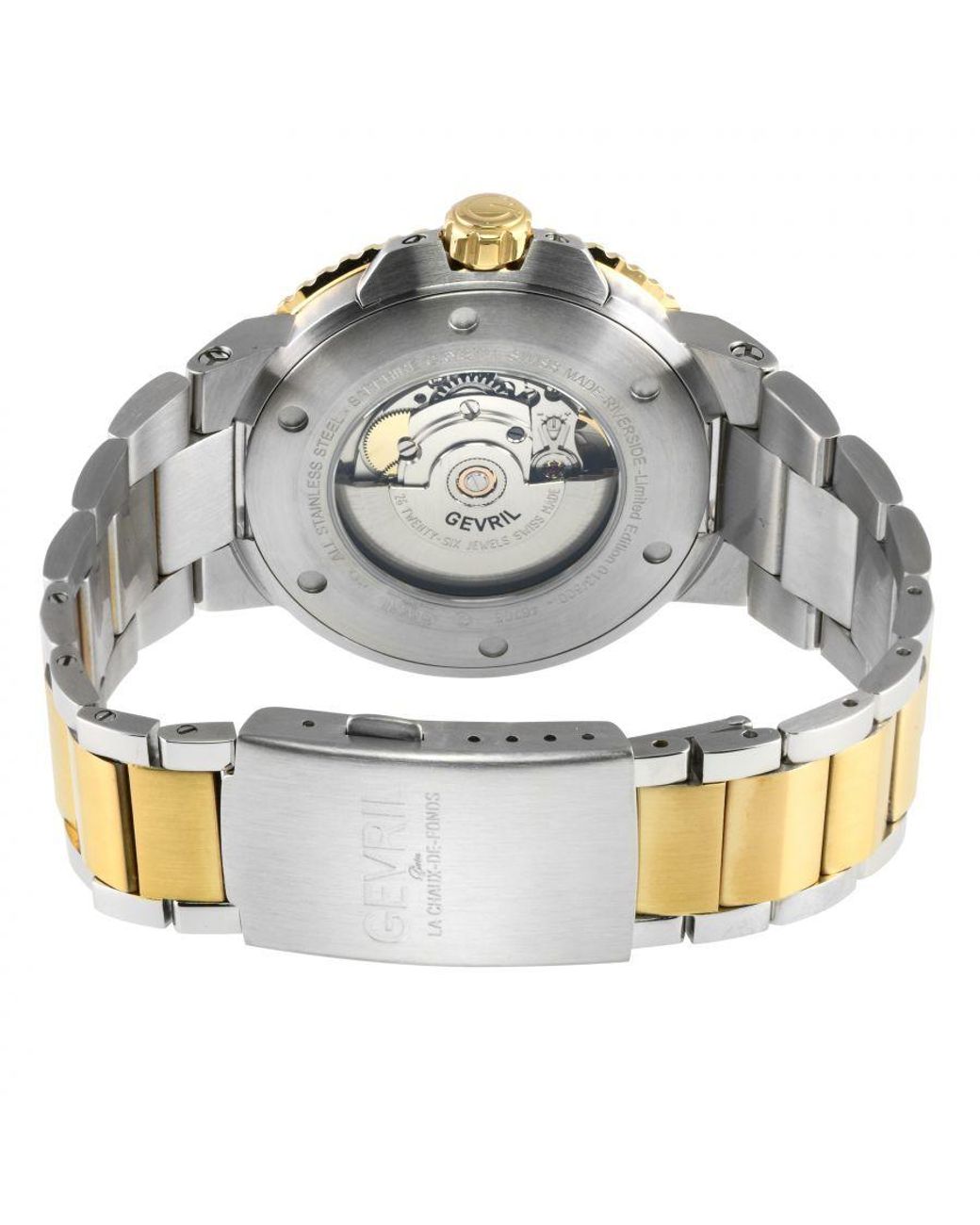 Gevril Green Riverside Swiss Automatic Watch, Ipyg Bezel, Ceramic Ring, Glossy Dial, Two Toned Ss/Ipyg Stainelss Steel Bracelet for men