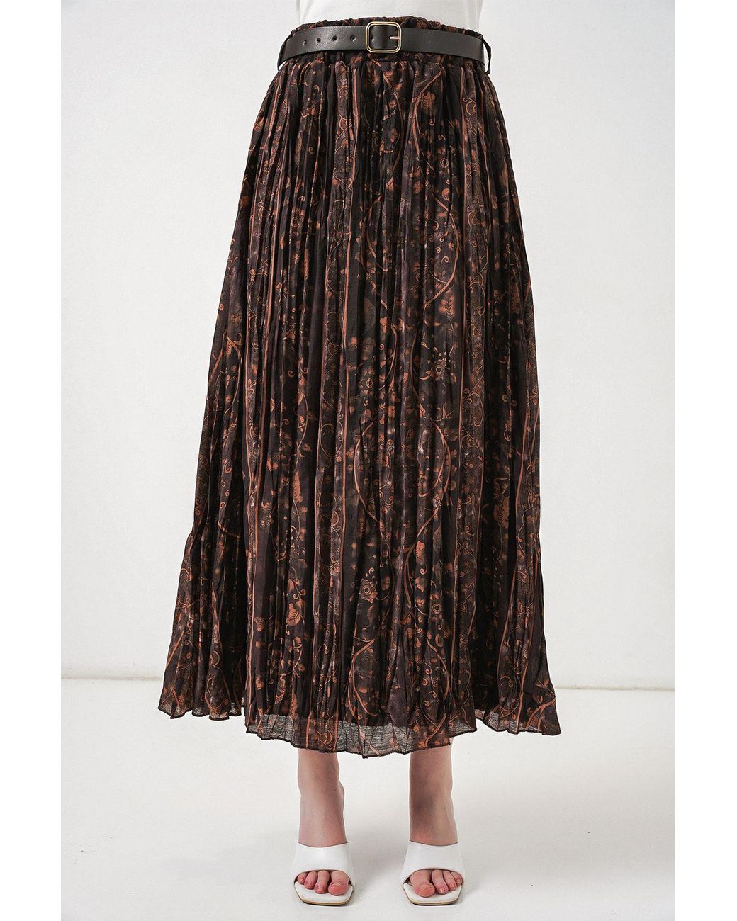 Bigdart Brown High-Waist Paisley Midi A-Line Skirt