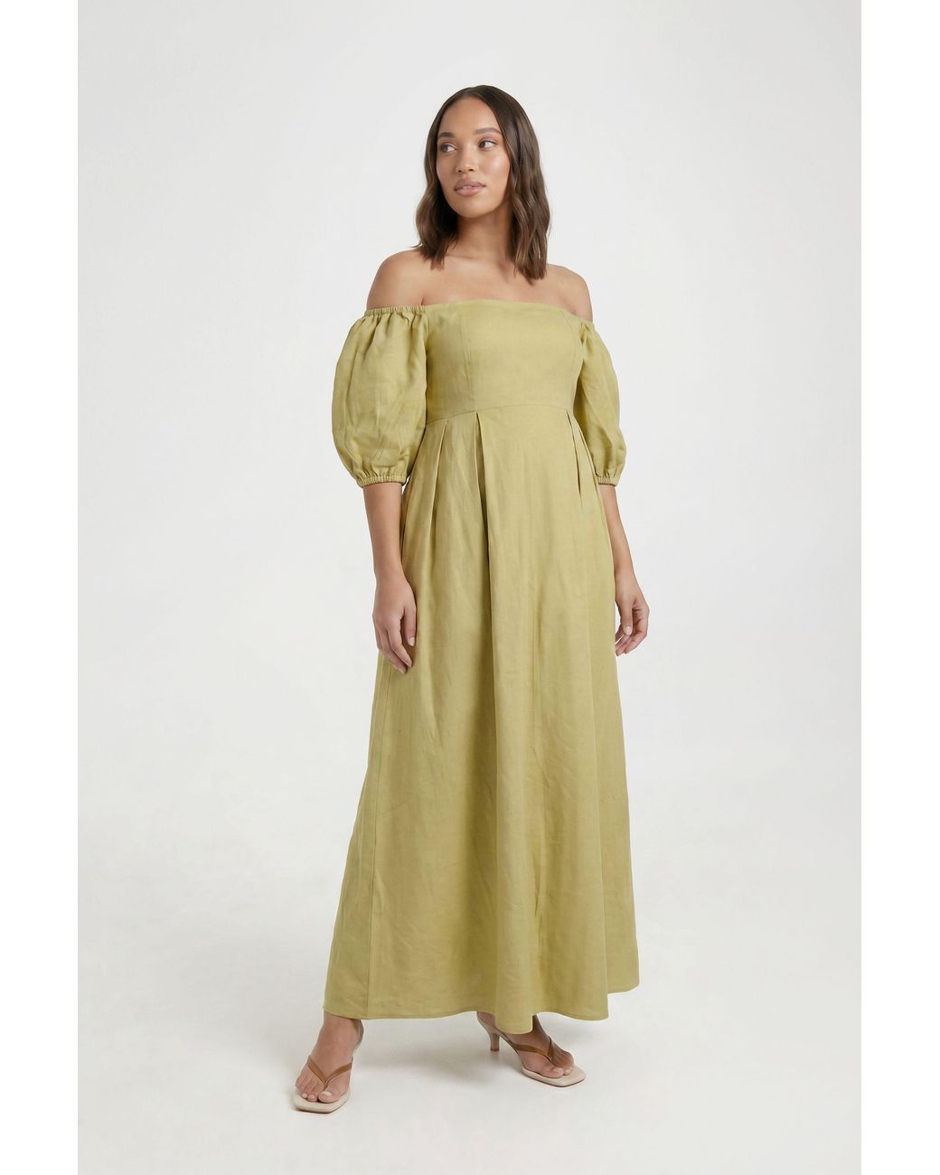 Boohoo Metallic Maternity Linen Puff Sleeve Bardot Maxi Dress