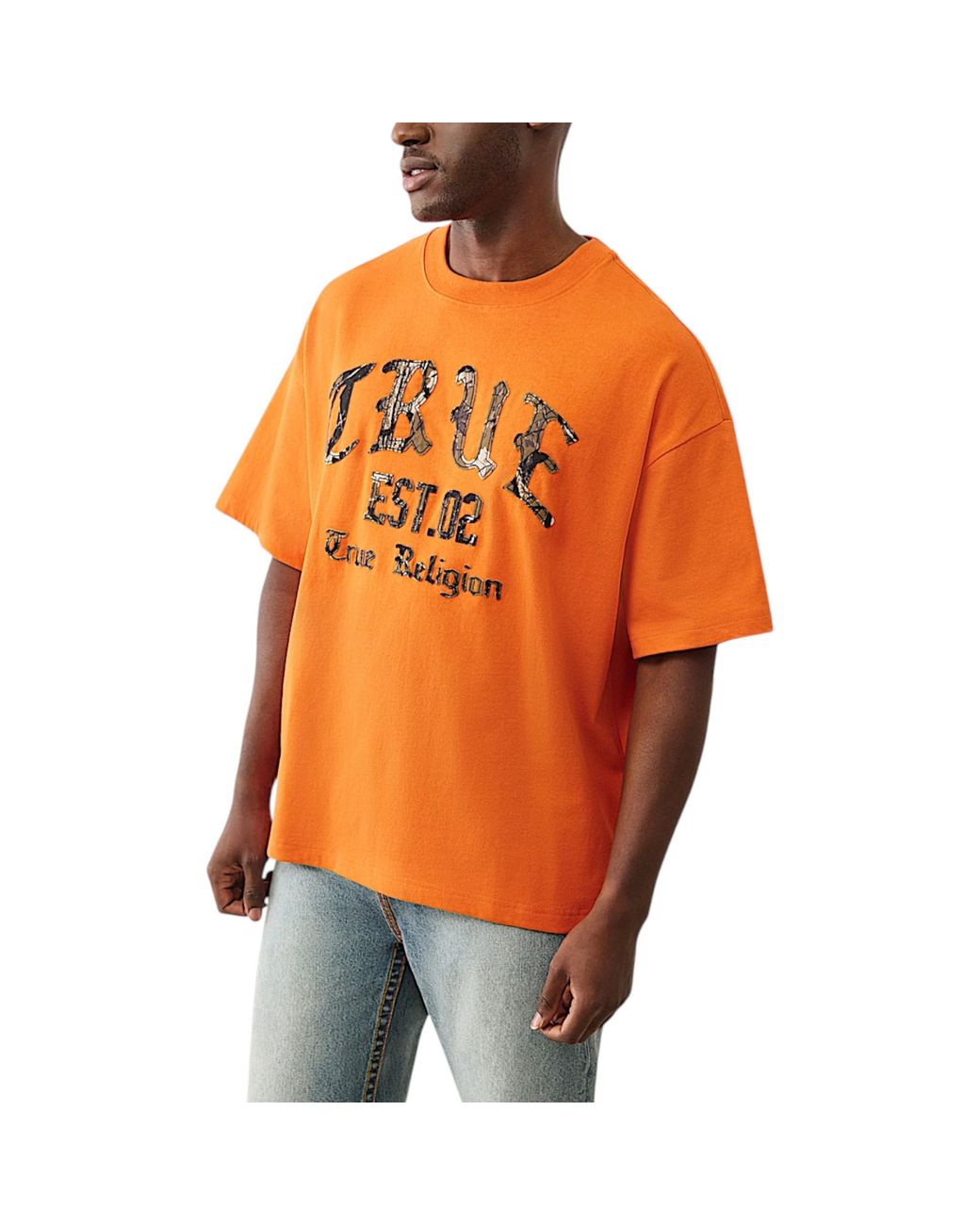 True Religion Orange Oversized T Shirts Drop Shoulder Tee for men