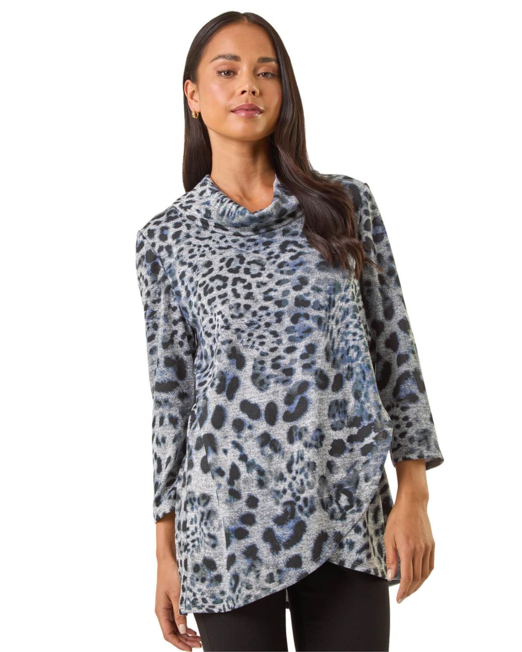 Roman Blue Petite Brushed Animal Print Wrap Top