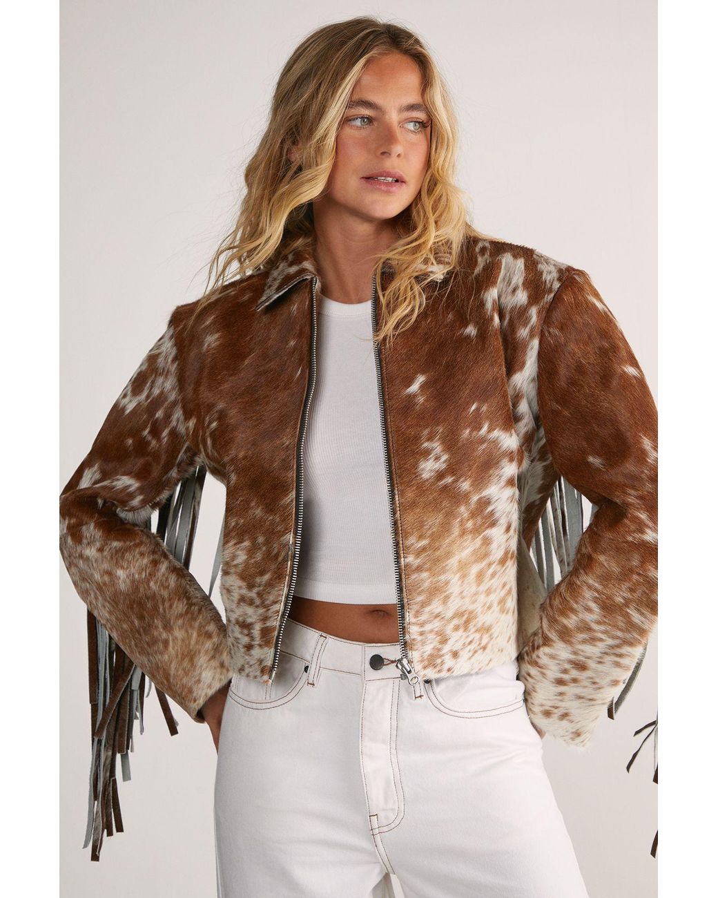 Nasty Gal Cow Hide Leather Zip Through Fringe Jacket in Brown