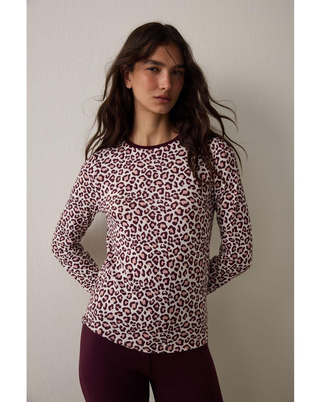 Penti Brown Leopard Print Long Sleeve Thermal Effect Pajama Top