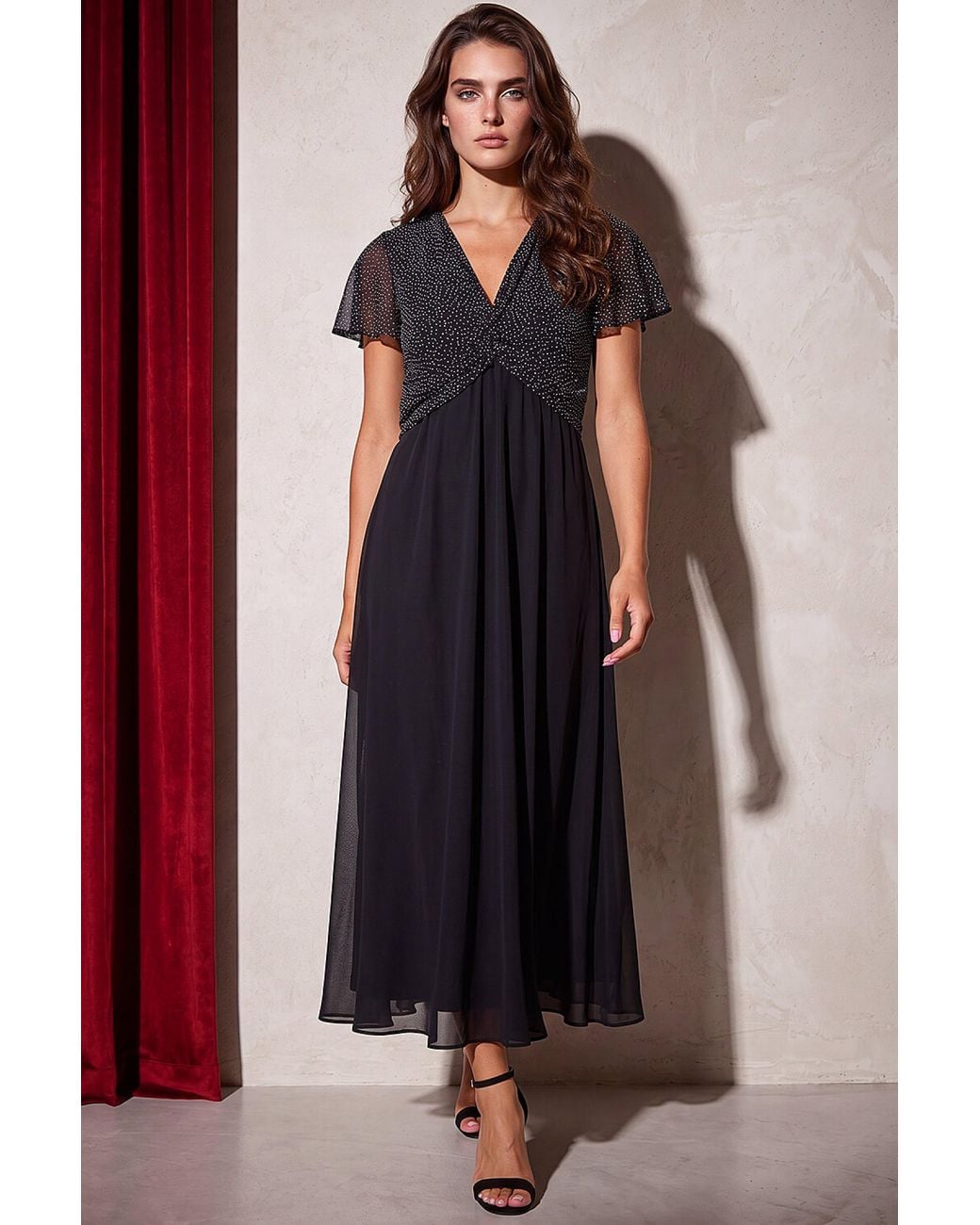 Roman Brown Petite Contrast Mesh Chiffon Dress