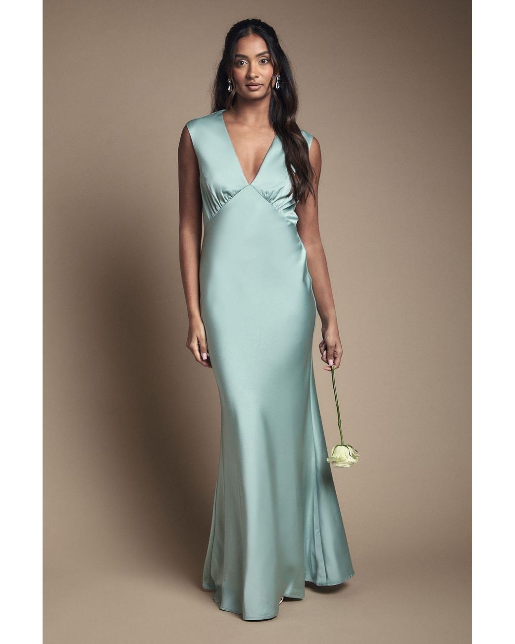 Oasis Green Sage Satin Open Back Detail Maxi Bridesmaid Dress