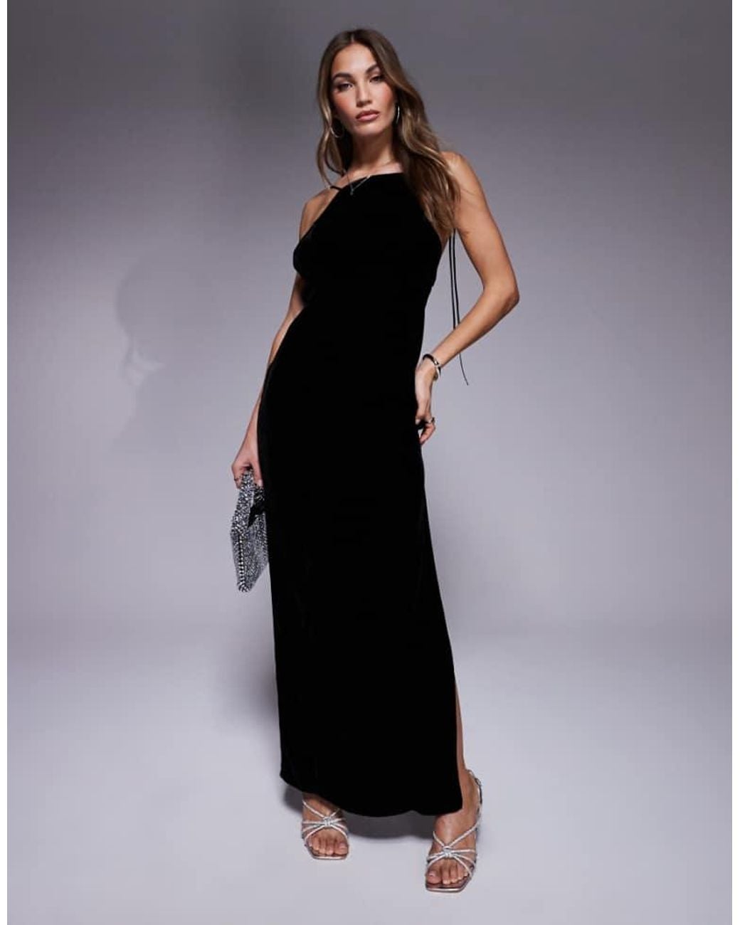 ASOS Black Square Neck Velvet Maxi Dress With Tie Detail