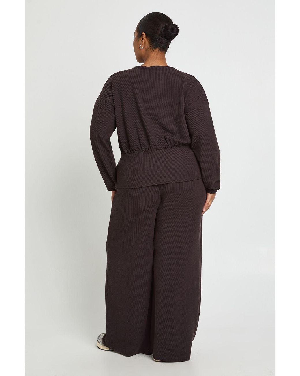 Boohoo Brown Plus Cinched Waist Long Sleeve Top And Trouser Co Ord