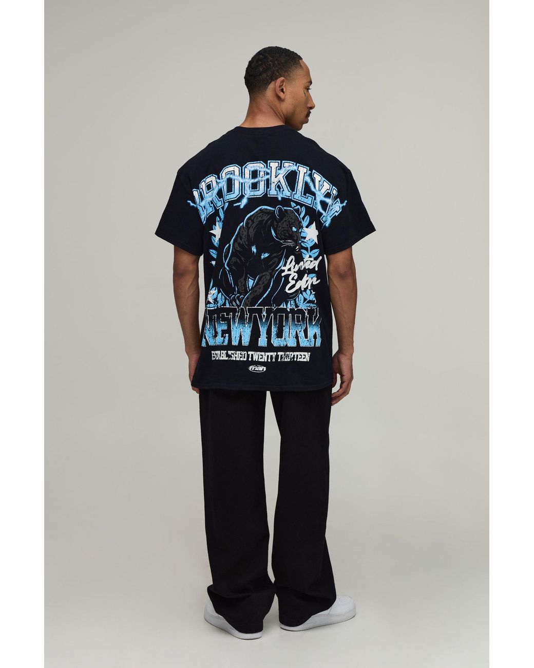 BoohooMAN Blue Oversized Brooklyn Over The Seams Print T-Shirt Cotton for men
