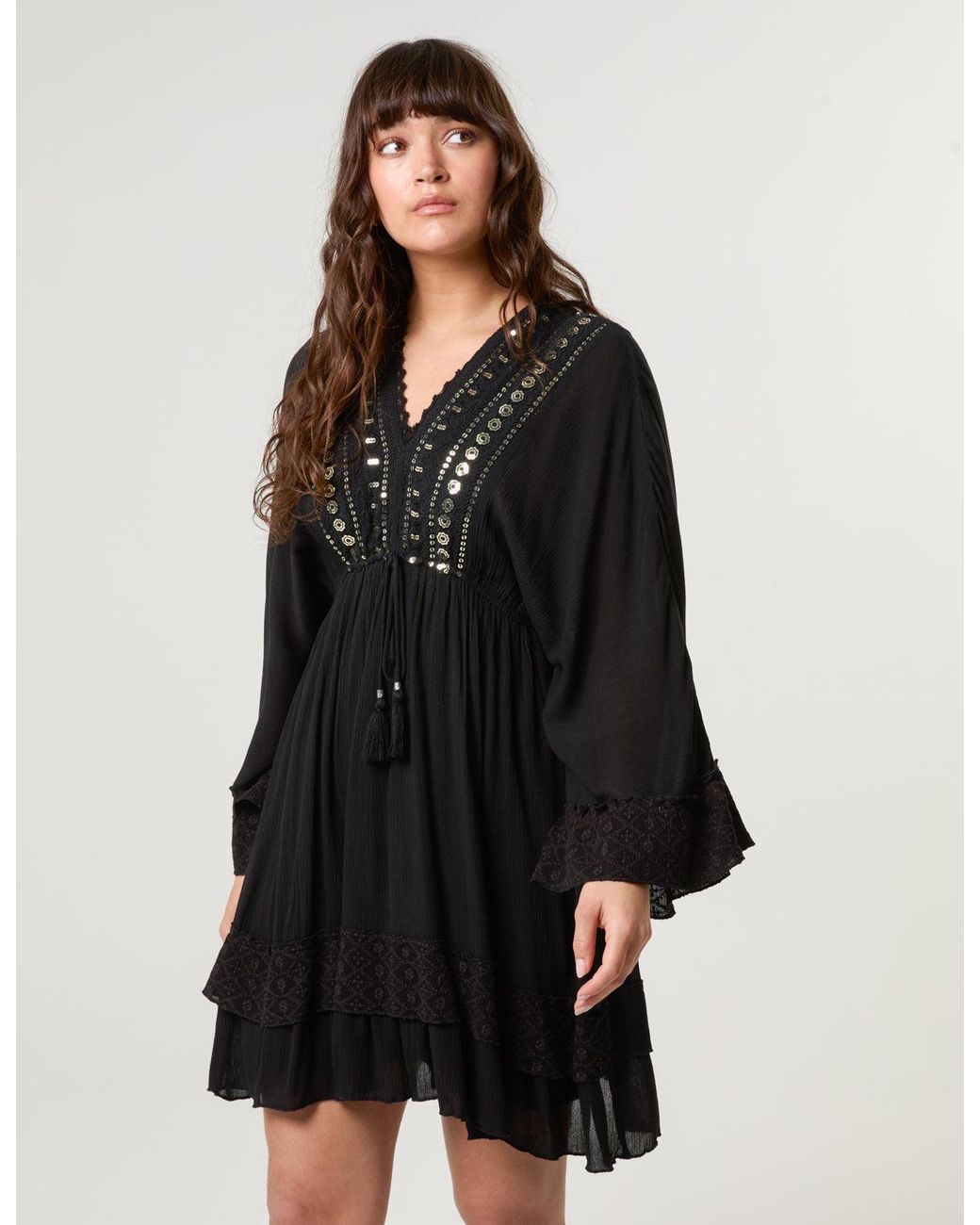 Blue Vanilla Black Embellished Kimono Sleeve Mini Dress