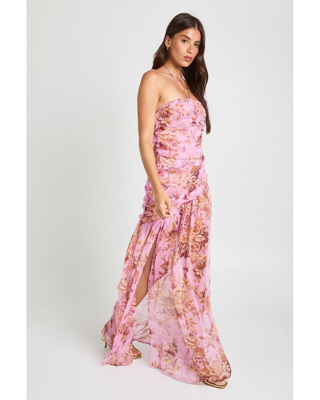 Boohoo Pink Floral Halterneck Ruched Detail Maxi Dress