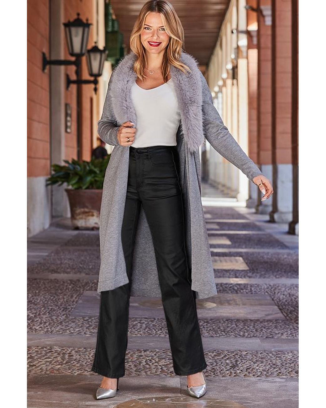Sosandar Gray Light Faux Fur Collar Longline Cardigan
