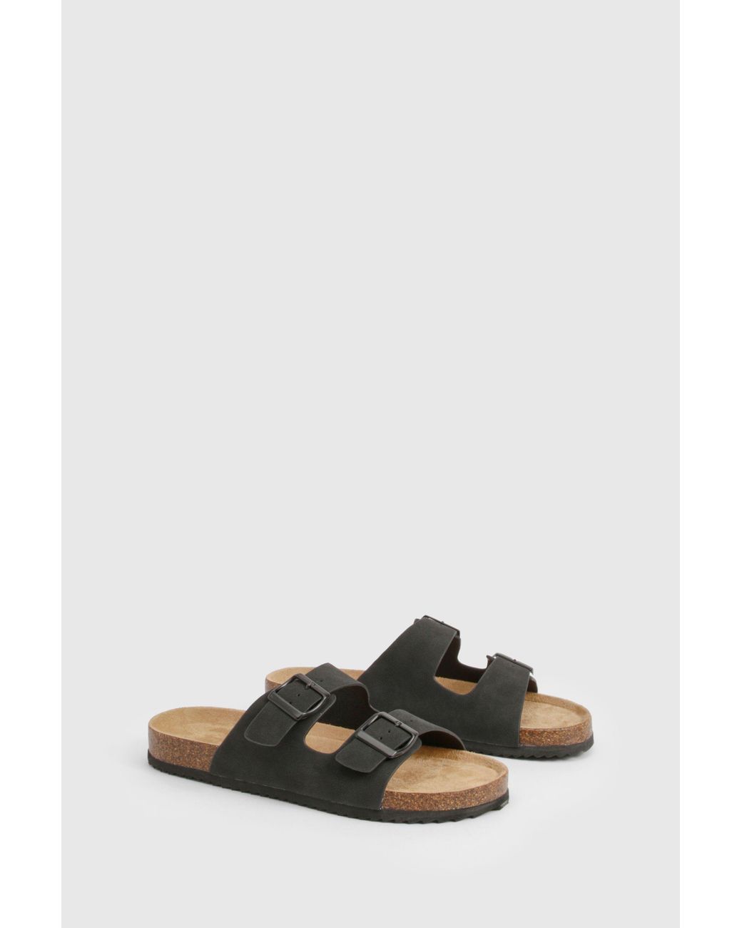Boohoo Black Double Strap Footbed Buckle Sliders