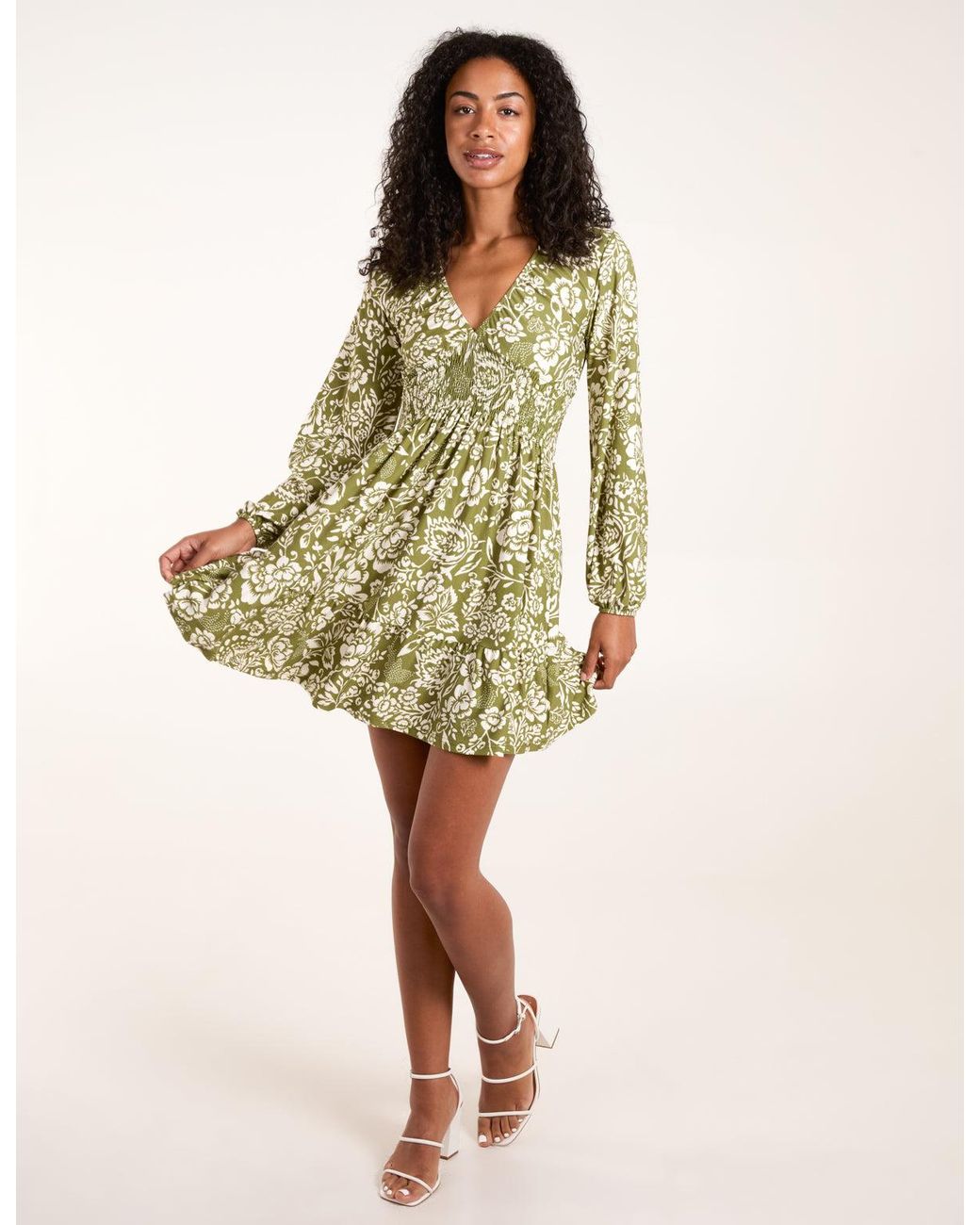 Blue Vanilla Green Shirring Elastic Sleeve Tier Mini Dress