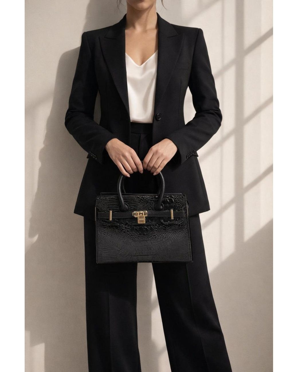 SVNX Black Crocodile-Print Handbag