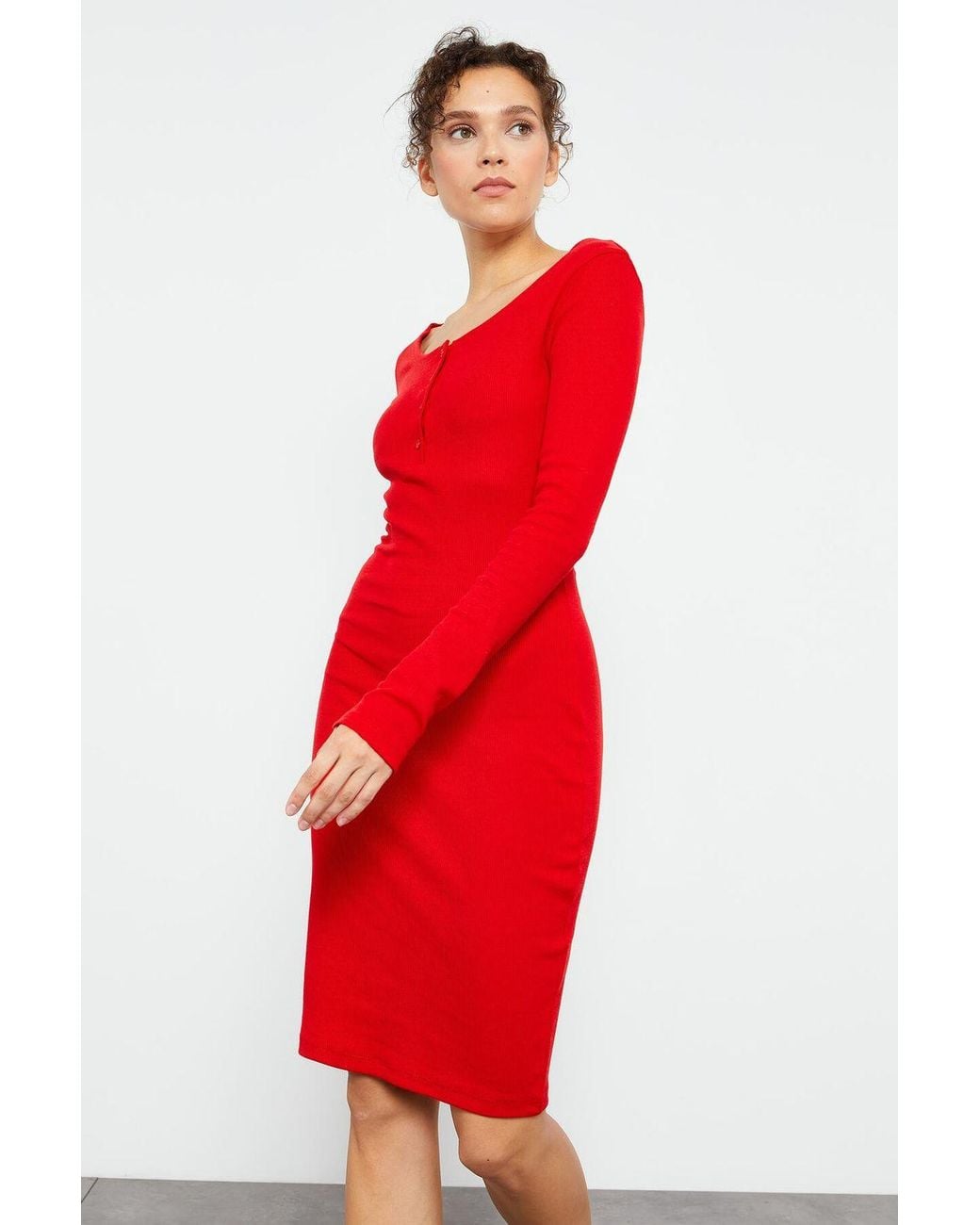 TOMMY LIFE Red Bodycon Midi Dress With Crew Neck