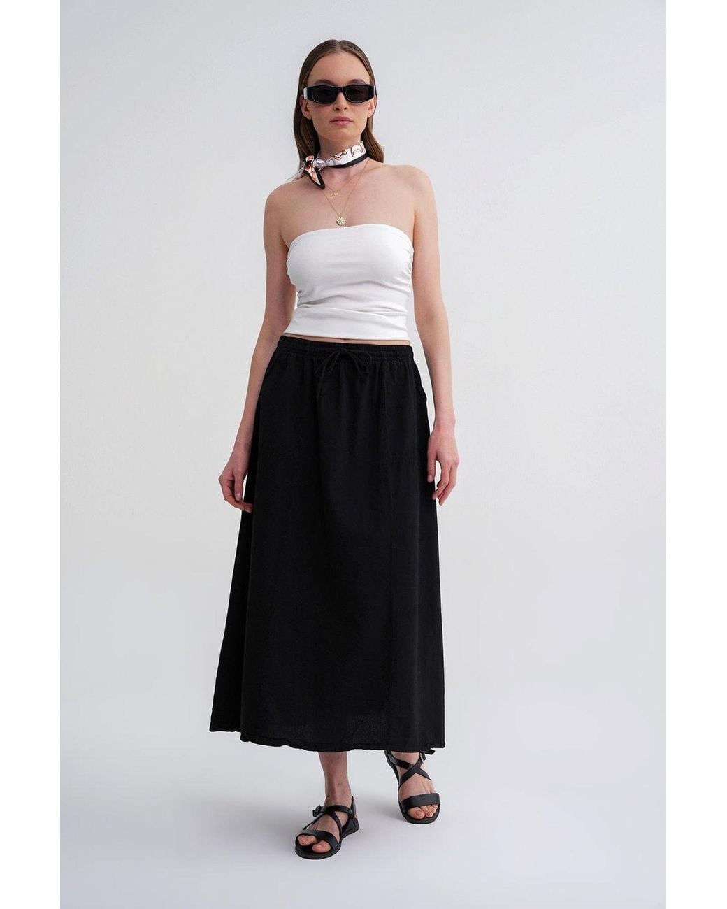 MixRay White High-Waisted Poplin Skirt With Drawstring Detail