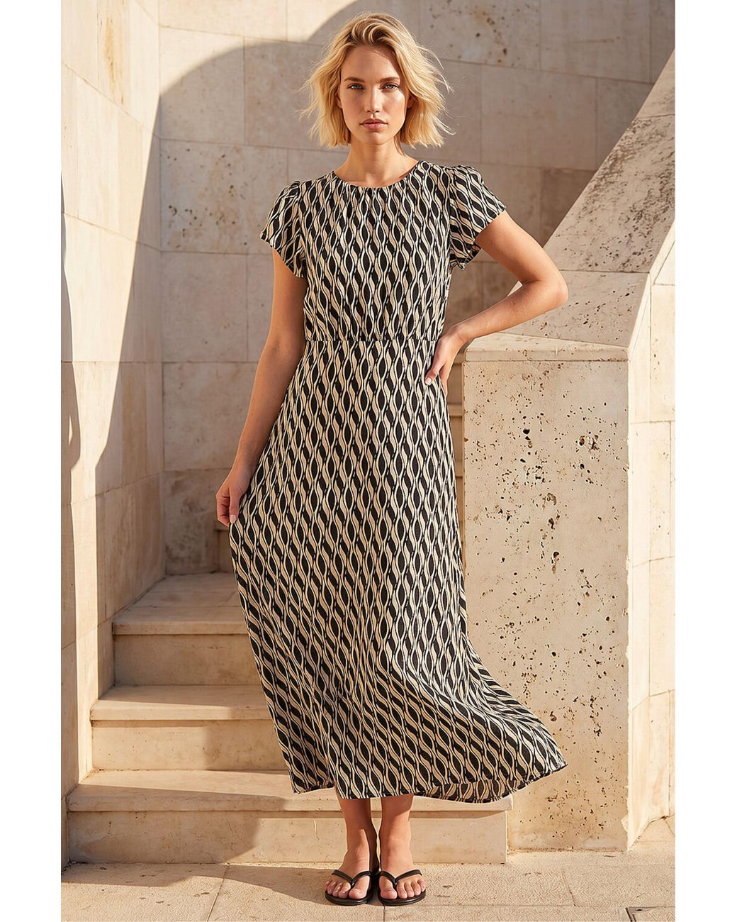 Roman Natural Abstract Geo Print Midi Dress