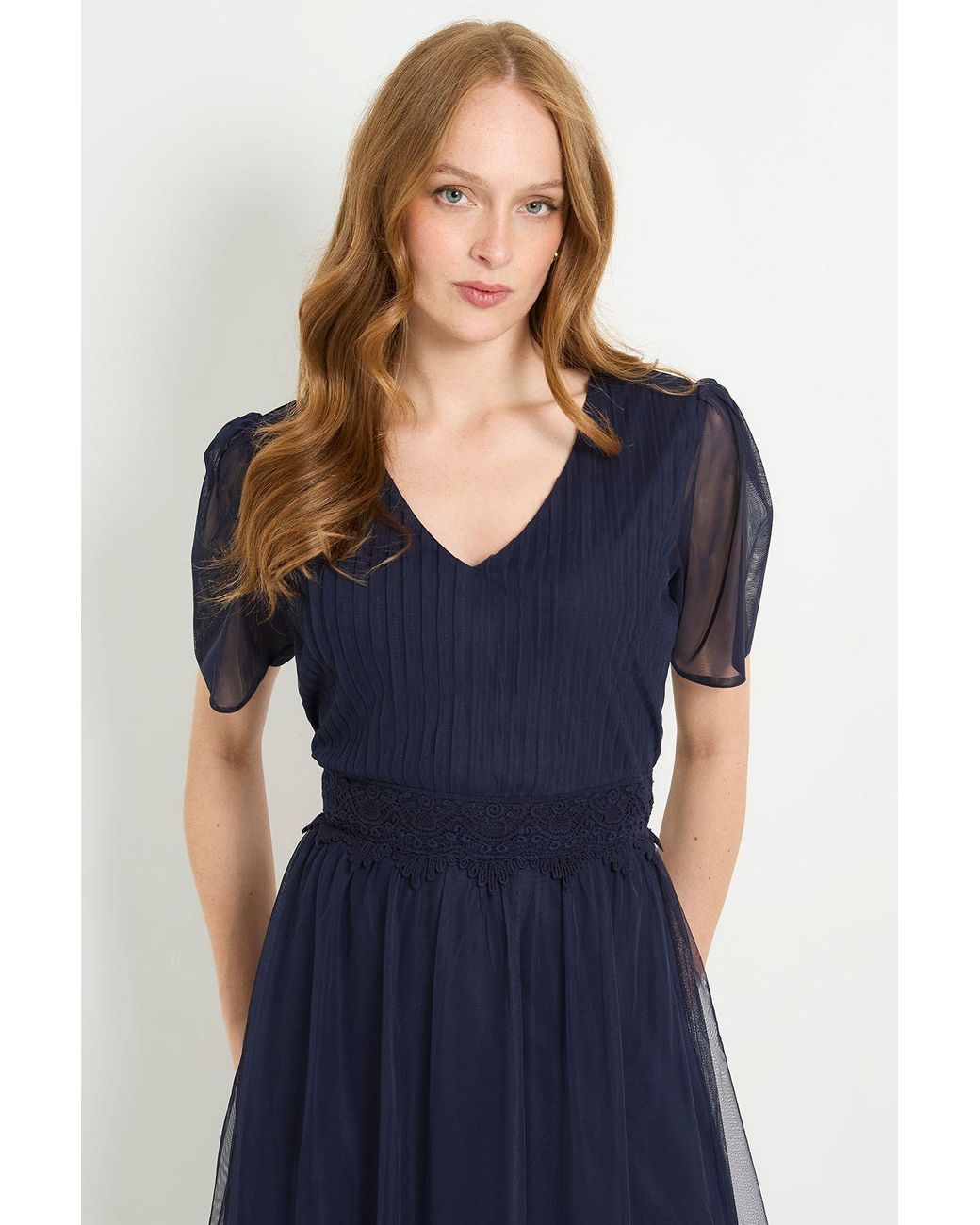 Wallis Blue Mesh Lace Trim Maxi Dress
