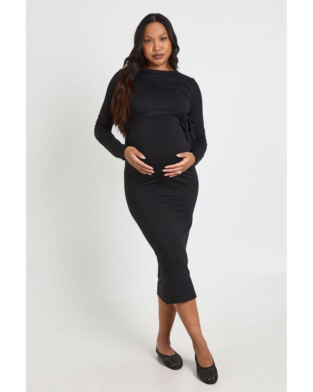 Boohoo Black Maternity Tie Waist Midi Dress
