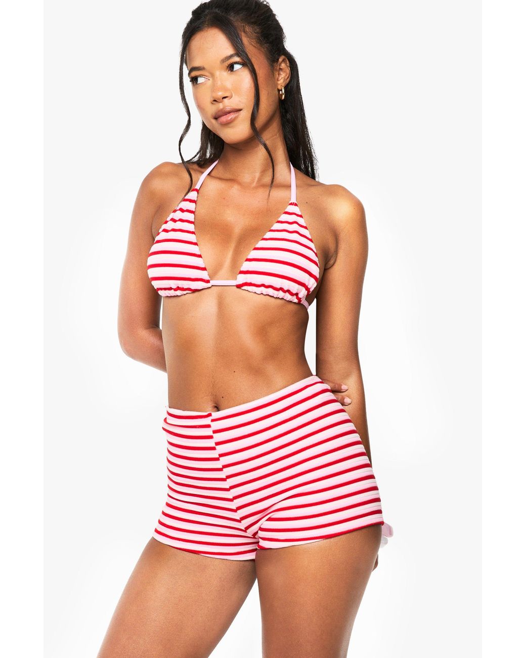 Boohoo Red Stripe Towelling Mini Beach Shorts