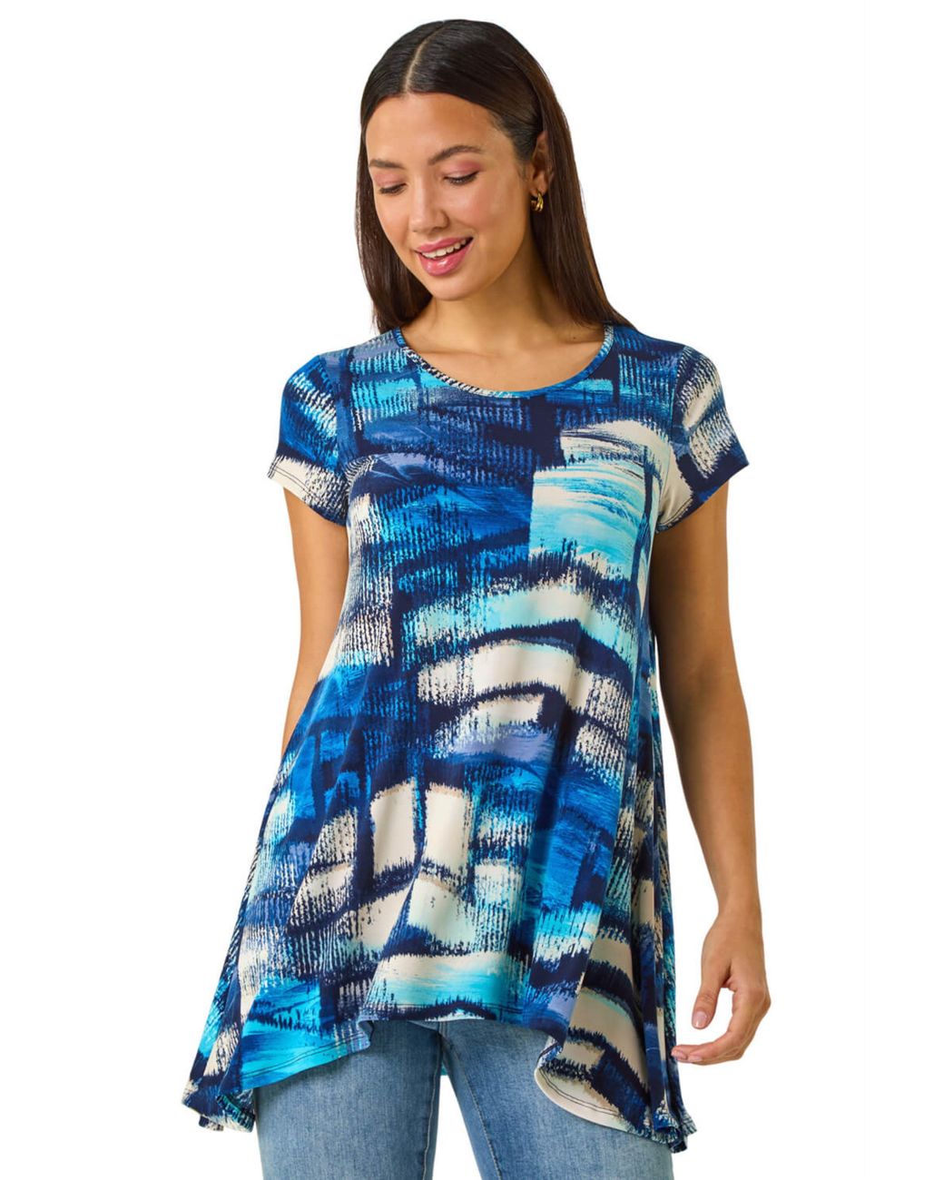 Roman Blue Abstract Print Stretch Tunic Top