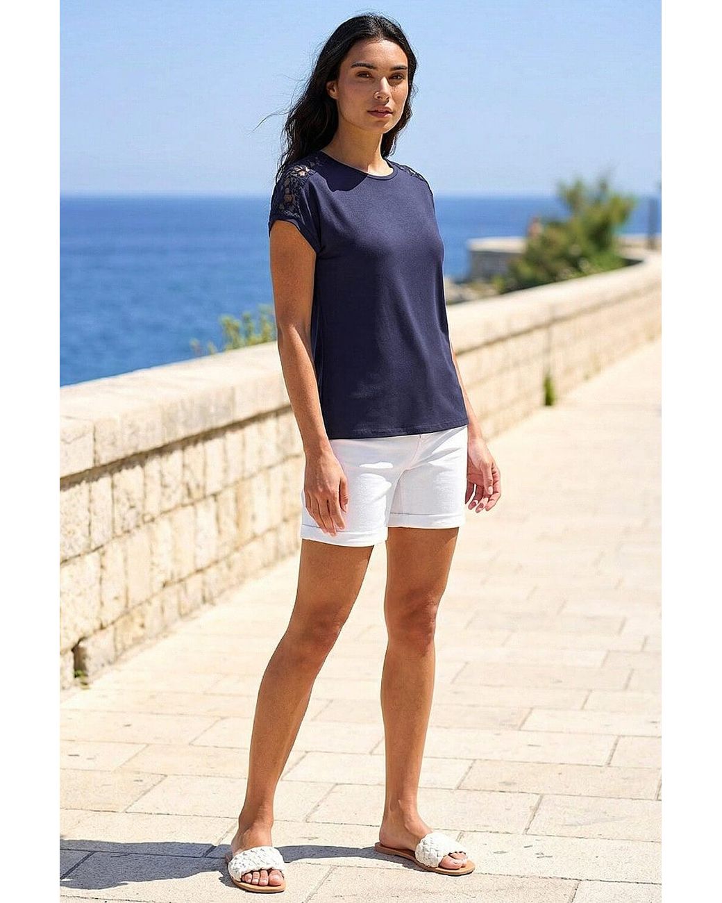 Roman Blue Lace Panel Detail T-Shirt