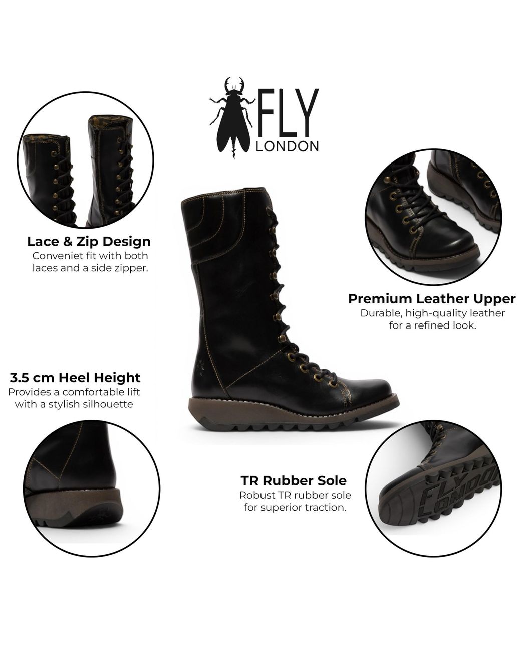Fly London Black Leather Lace-Up Combat Ankle Boots- Ster768