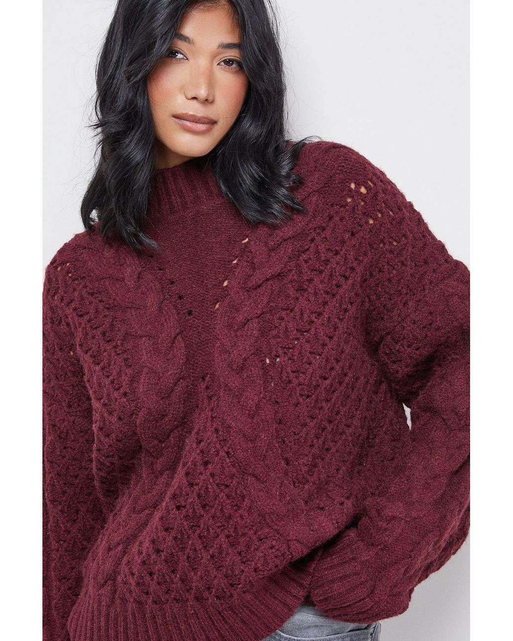 Warehouse Red Chunky Cable Knit Roll Neck Jumper