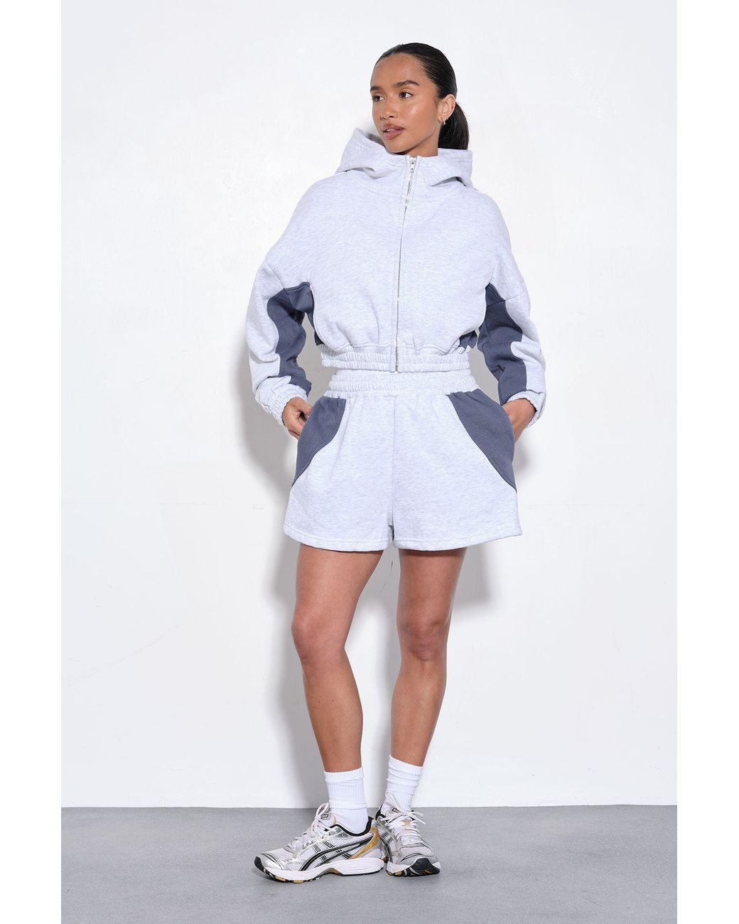 Boohoo Blue Contrast Panel Zip Through Hooded Short Tracksuit