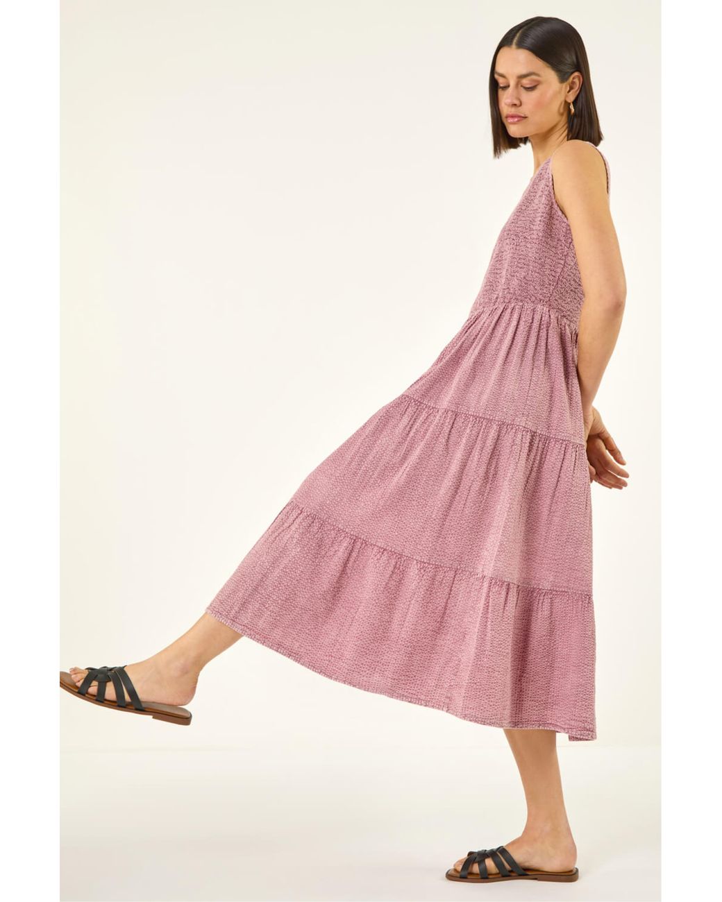 Roman Pink Shirred Textured Smock Midi Dress