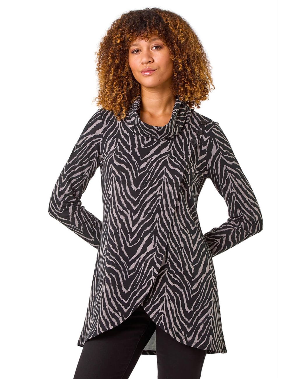 Roman Gray Animal Print Cowl Neck Tunic Top
