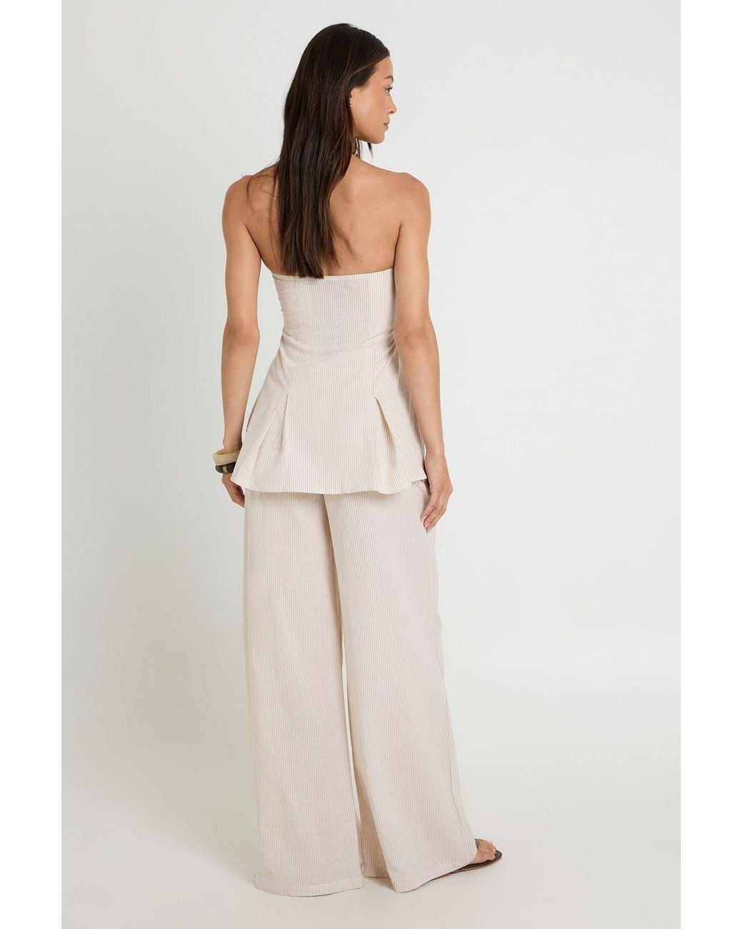 Boohoo Natural Tall Stripe Linen Look Bandeau And Wide Leg Trouser Co-Ord