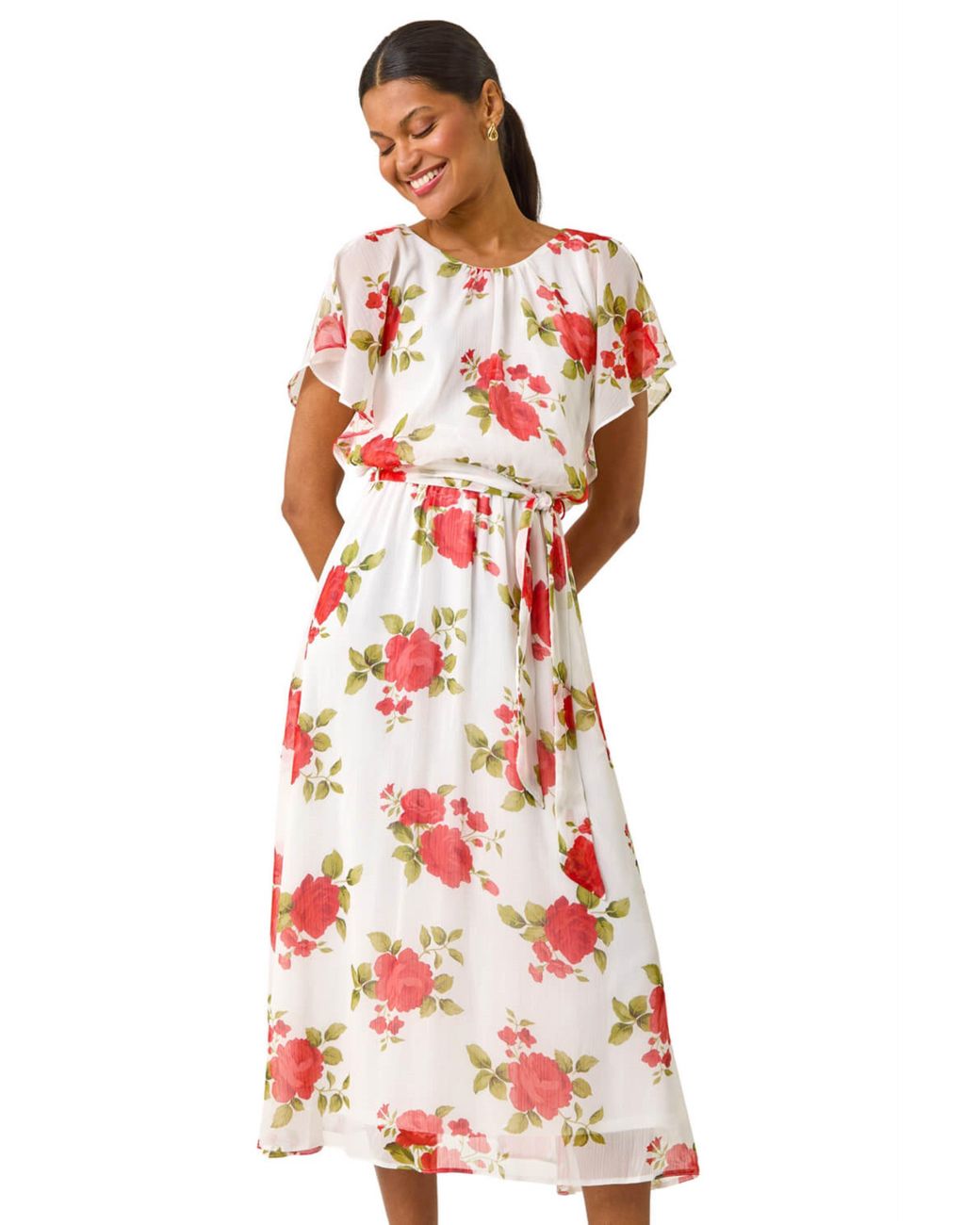 Roman Red Chiffon Floral Split Sleeve Midi Dress