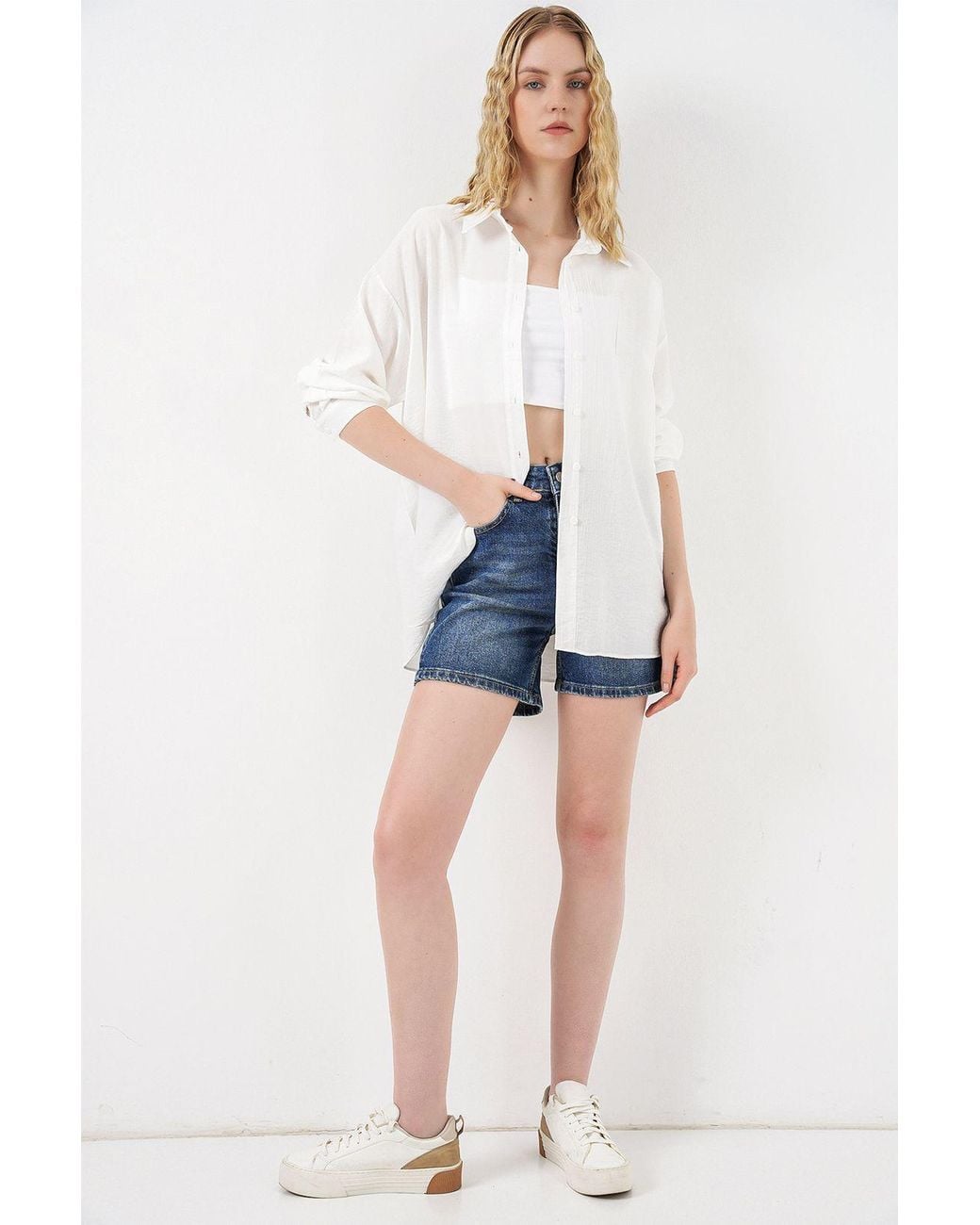 Bigdart White Oversized Long-Sleeve Button-Up Shirt