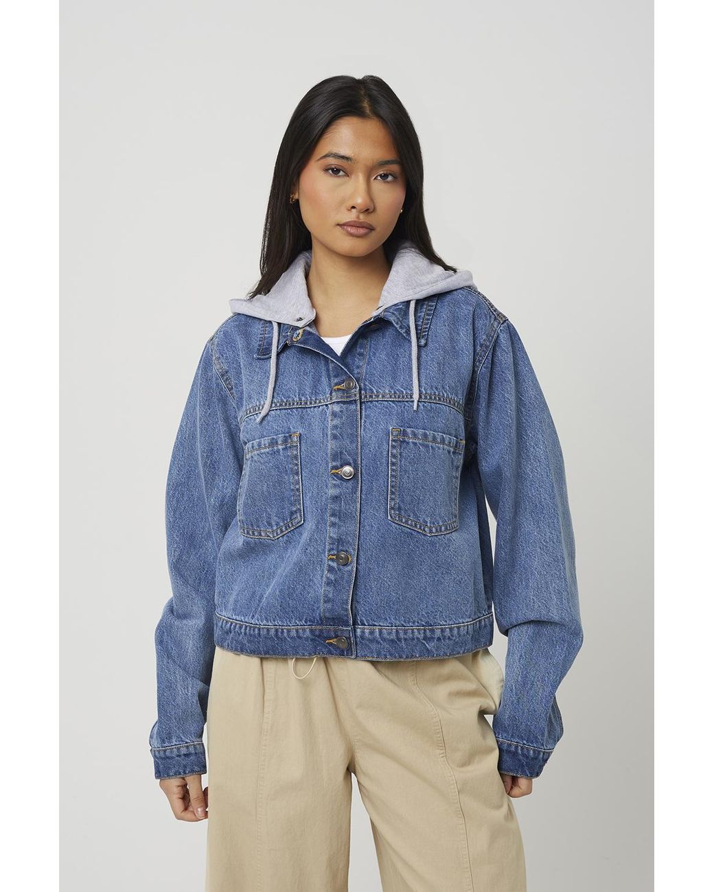 Brave Soul Blue Light Denim Jacket With Detachable Jersey Hood