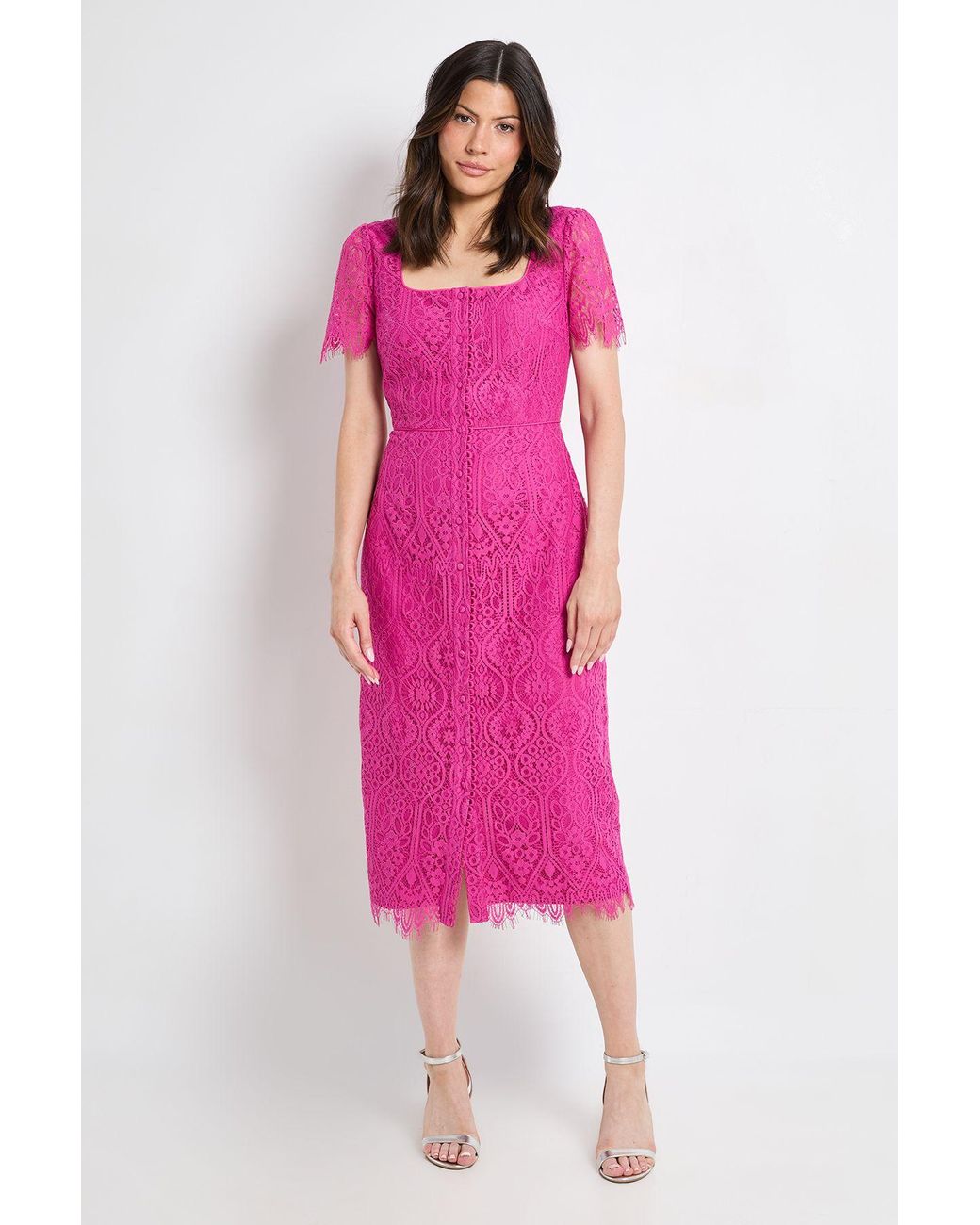 Wallis Pink Lace Button Midi Dress