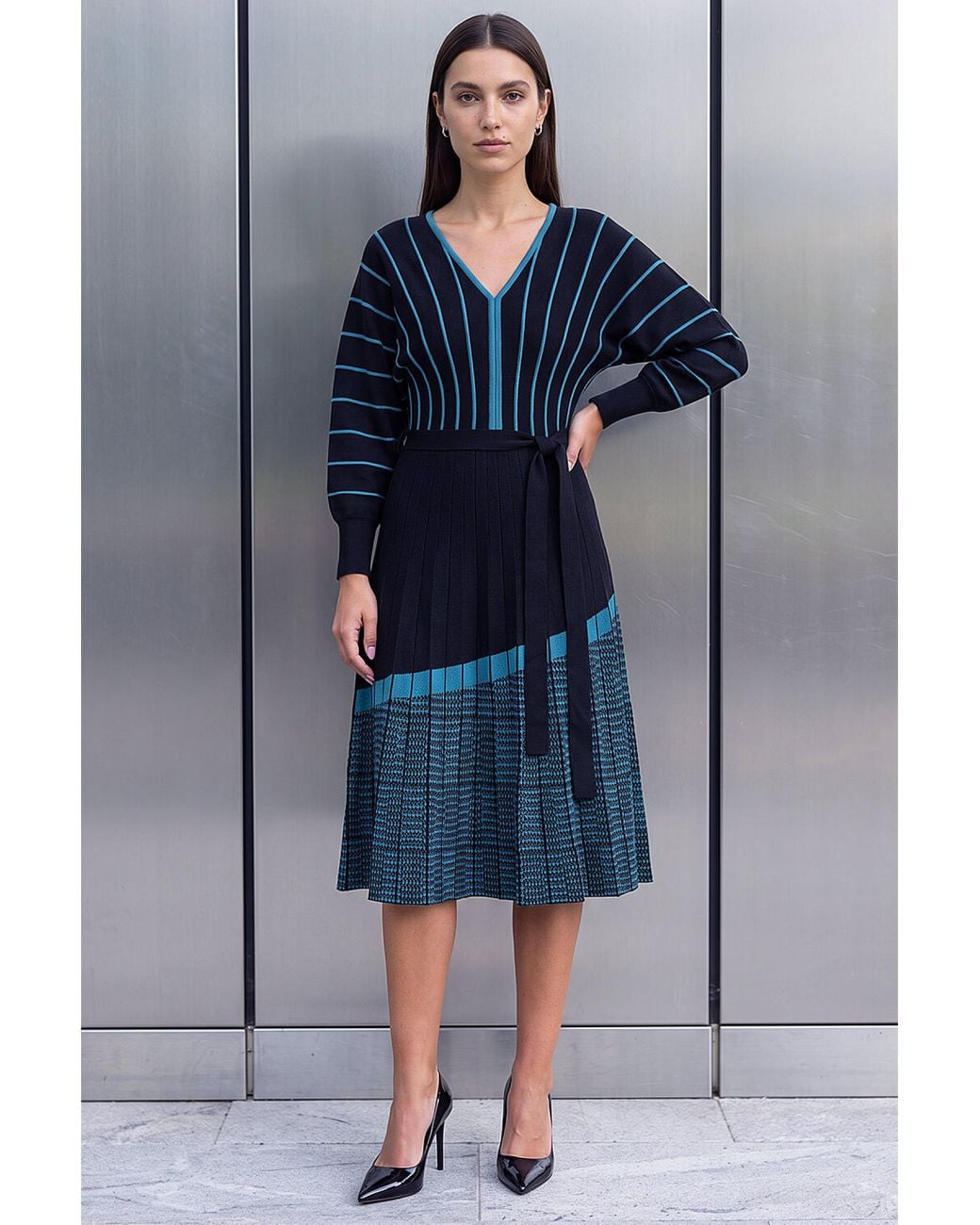 Roman Blue Geo Stripe Knit Dress