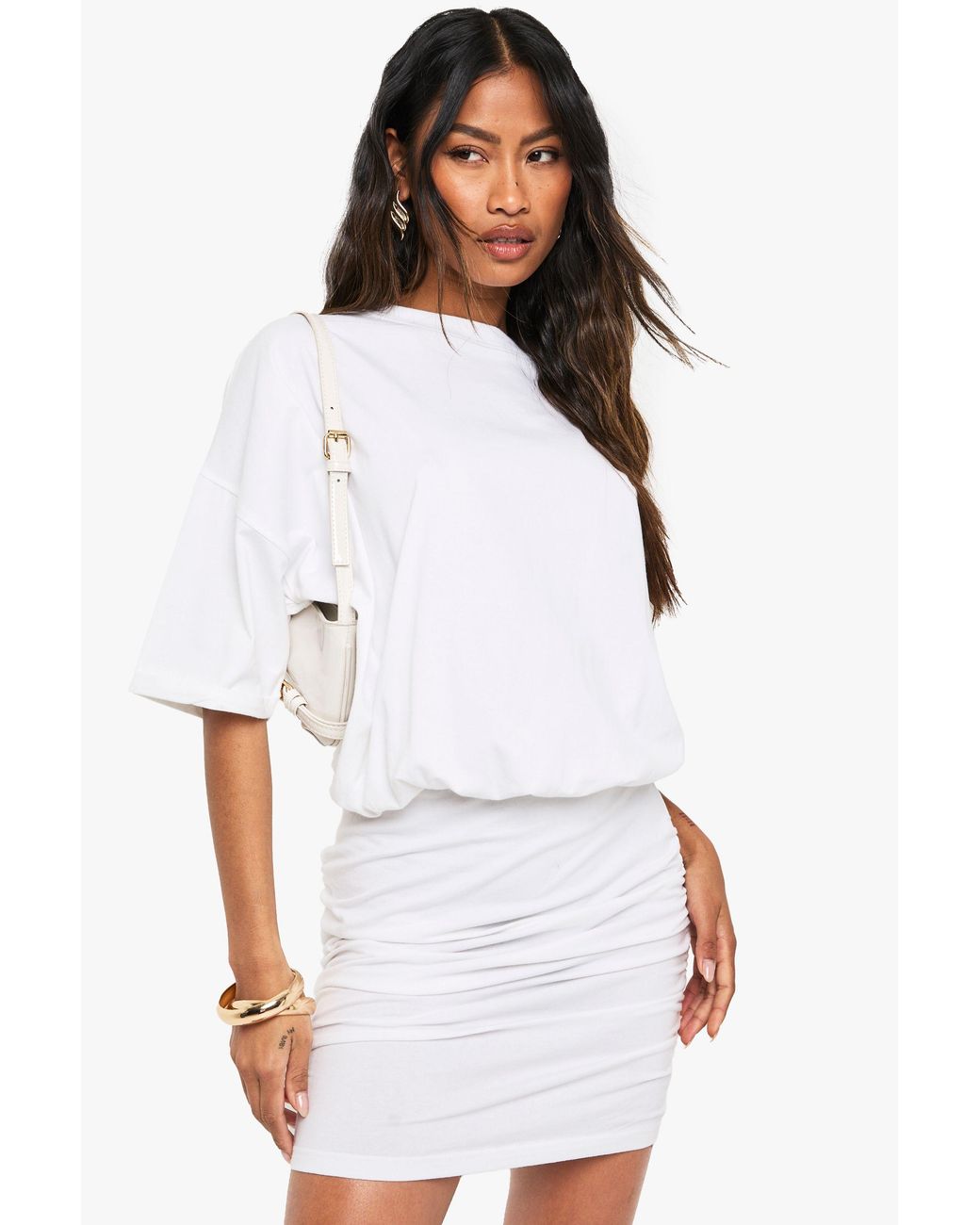 Boohoo White Ruched T-Shirt Mini Dress