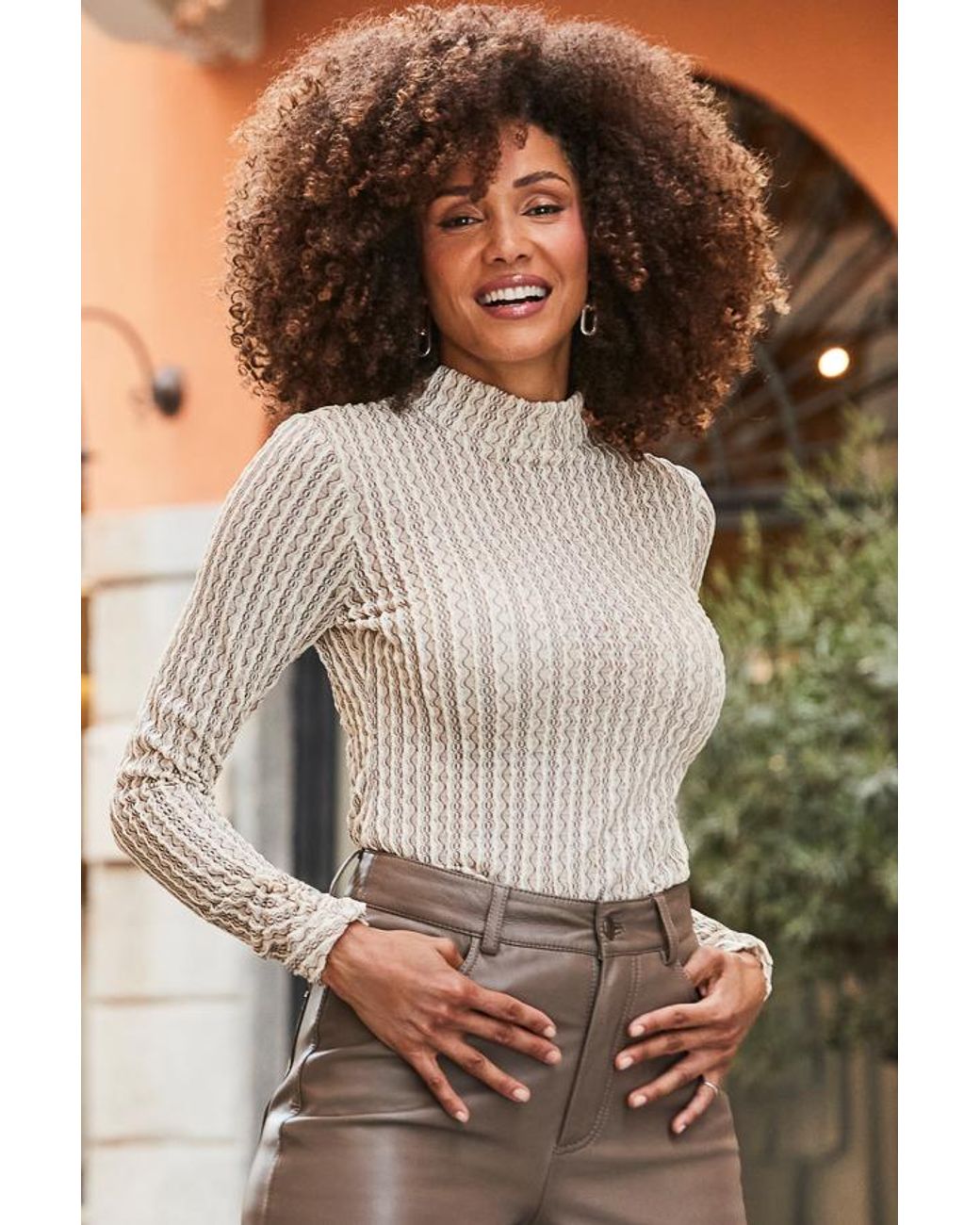 Sosandar Brown Ecru Textured Roll Neck Top