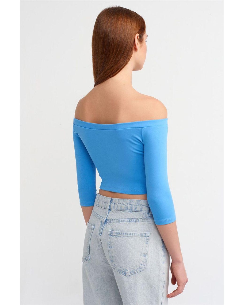 Dilvin Off-Shoulder Crop Blouse in het Blue