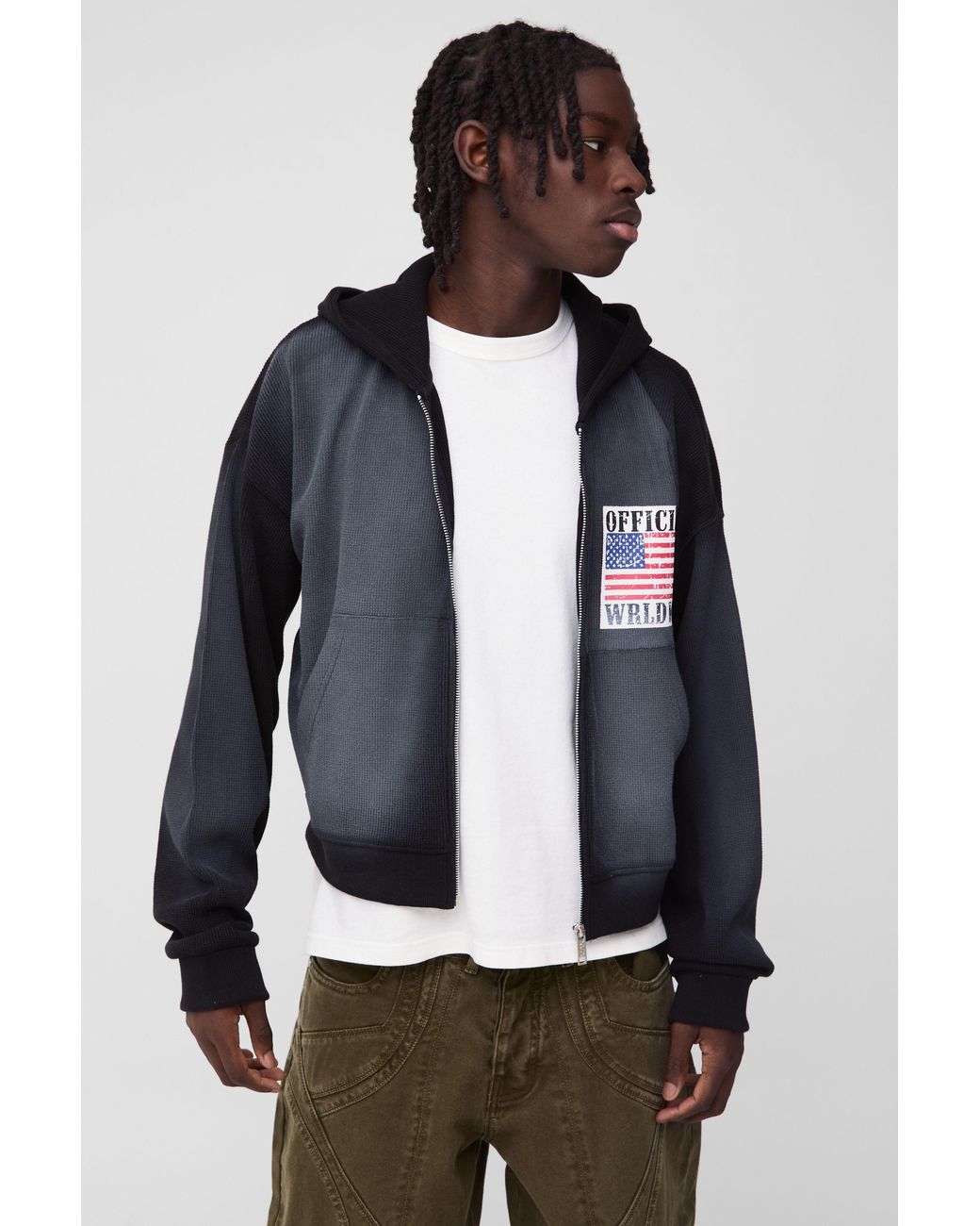 BoohooMAN Blue Shrunken Fit Waffle Sun Fade Printed Zip Through Hoodie for men