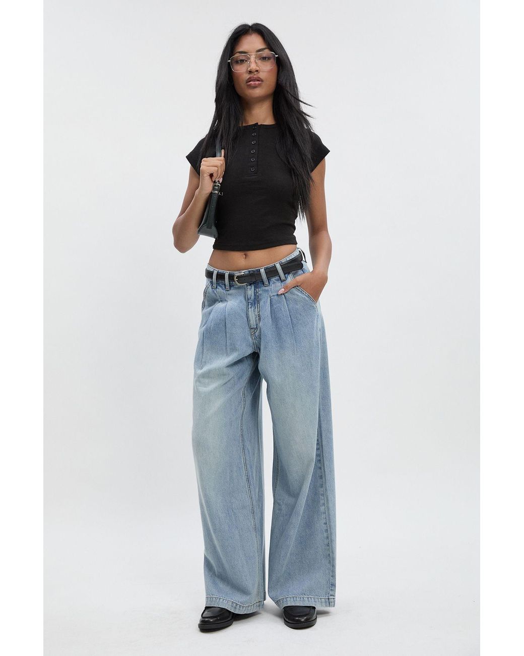 Boohoo Blue High Waist Supersoft Belted Pleated Wide Leg Jeans