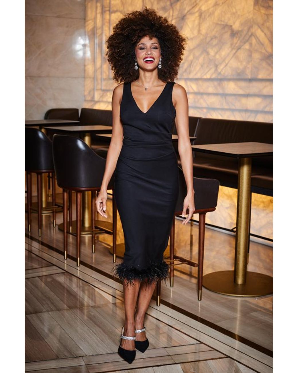 Sosandar Black Feather Trim Midi Dress
