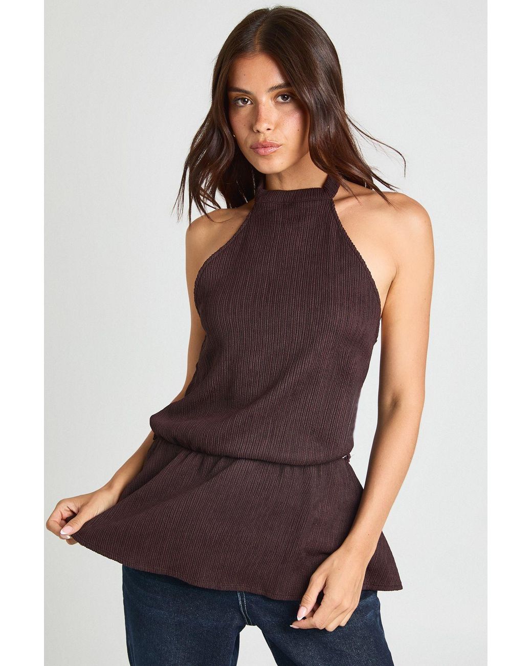 Boohoo Brown Plisse High Neck Tie Waist Sleeveless Top