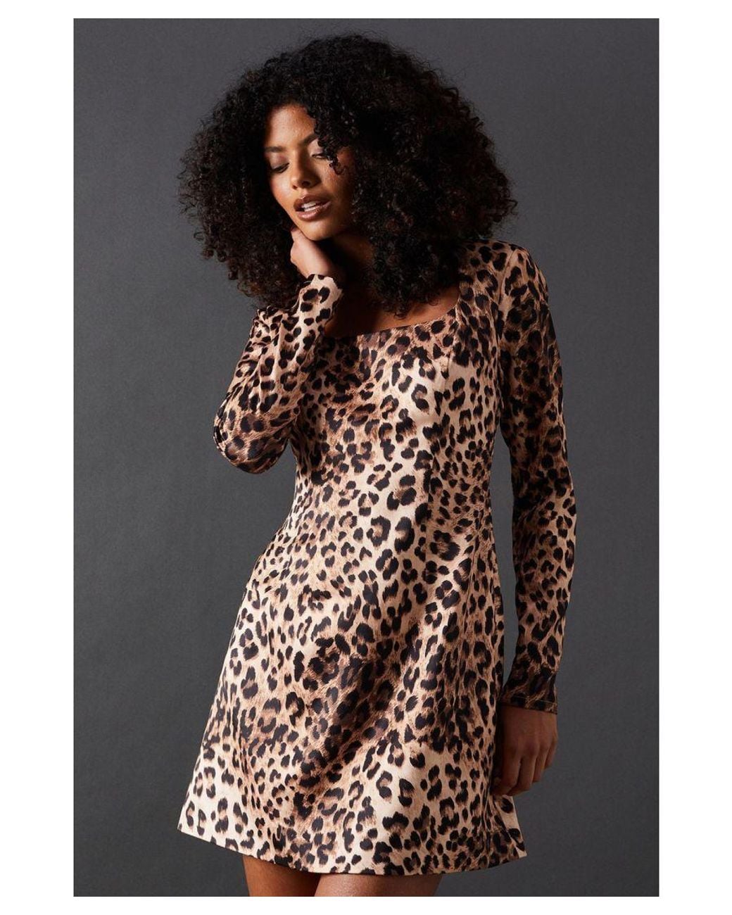 Warehouse Brown Leopard Structured Satin Scoop Neck Fitted Mini Dress