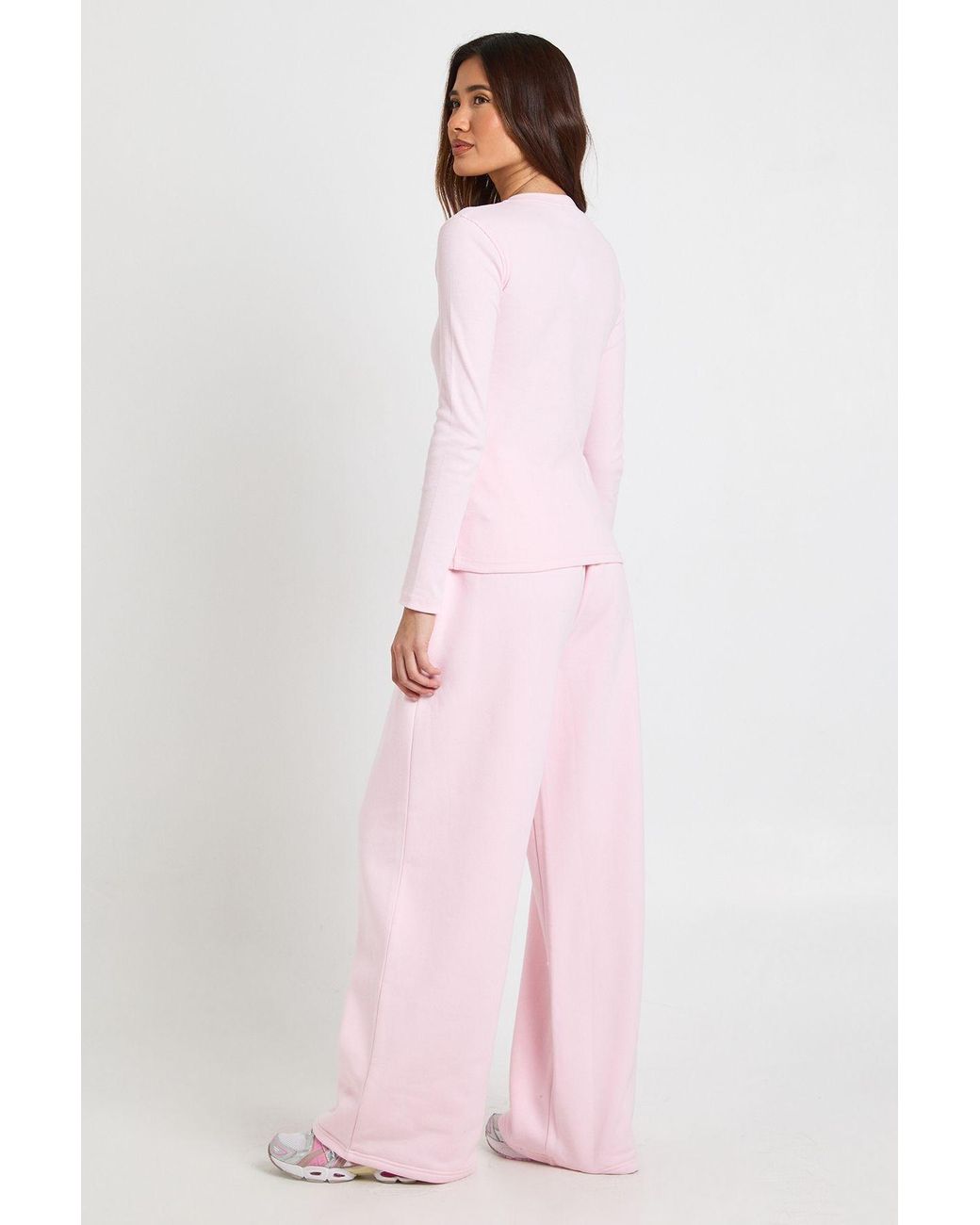 Boohoo Pink Rib Button Through Long Sleeve Top Tracksuit