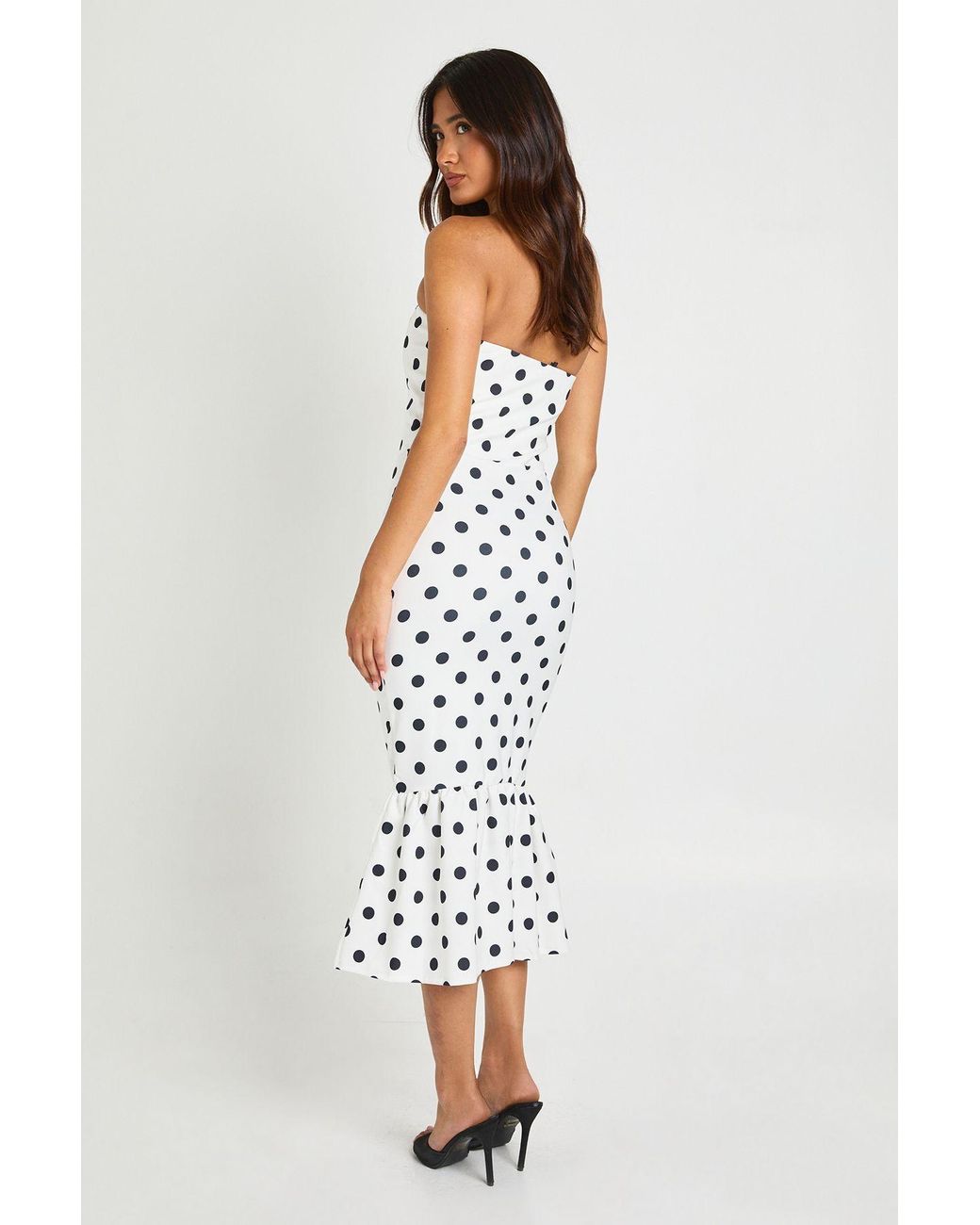 Boohoo White Polka Dot Bandeau Pep Hem Midaxi Dress