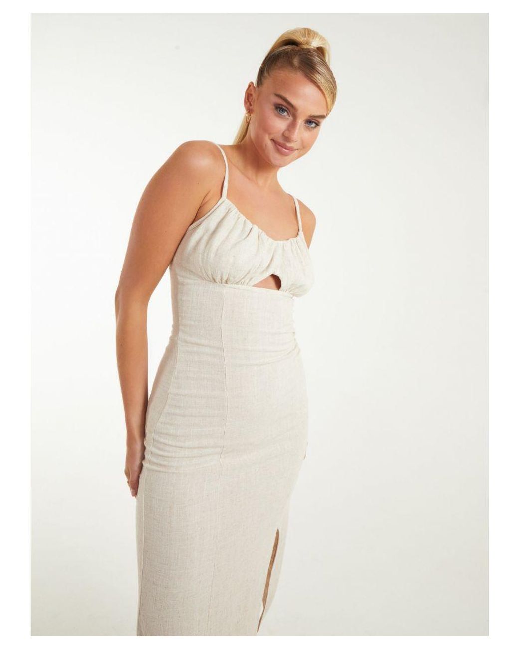 Pink Vanilla White Ruched Linen Style Midi Dress