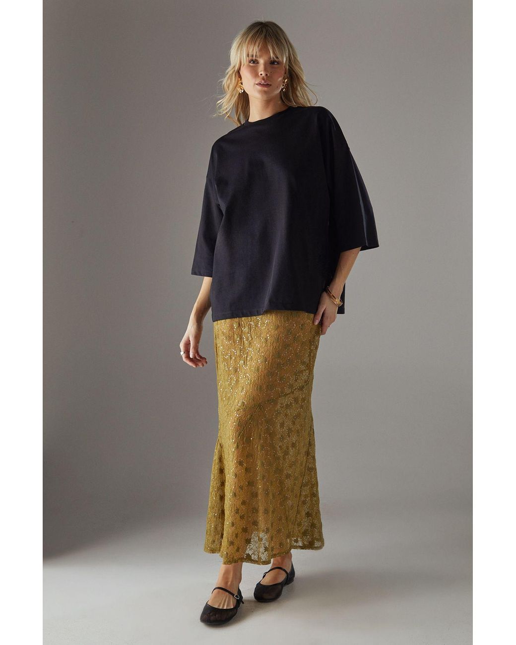 Warehouse Green Sheer Lace Fishtail Maxi Skirt