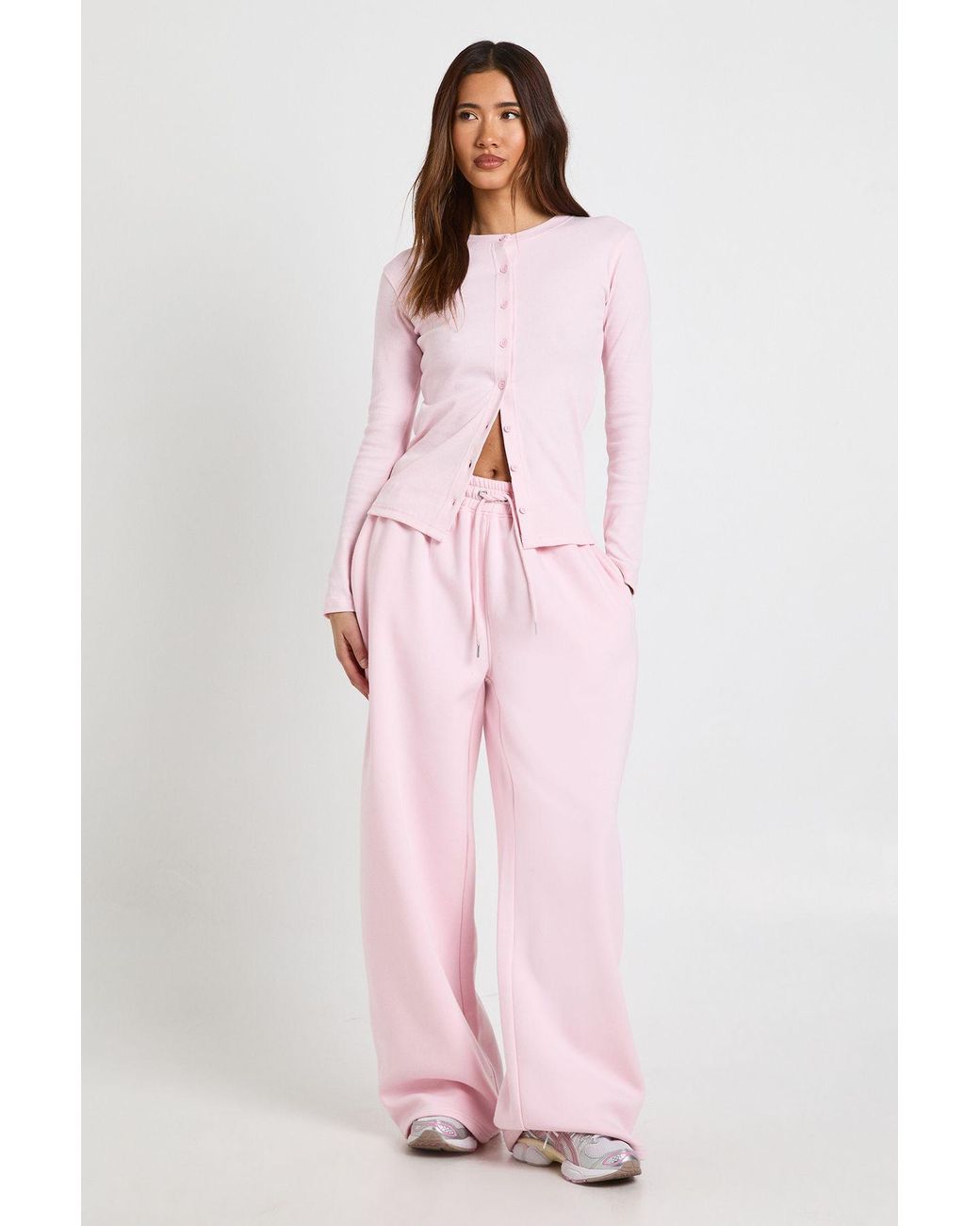 Boohoo Pink Rib Button Through Long Sleeve Top Tracksuit
